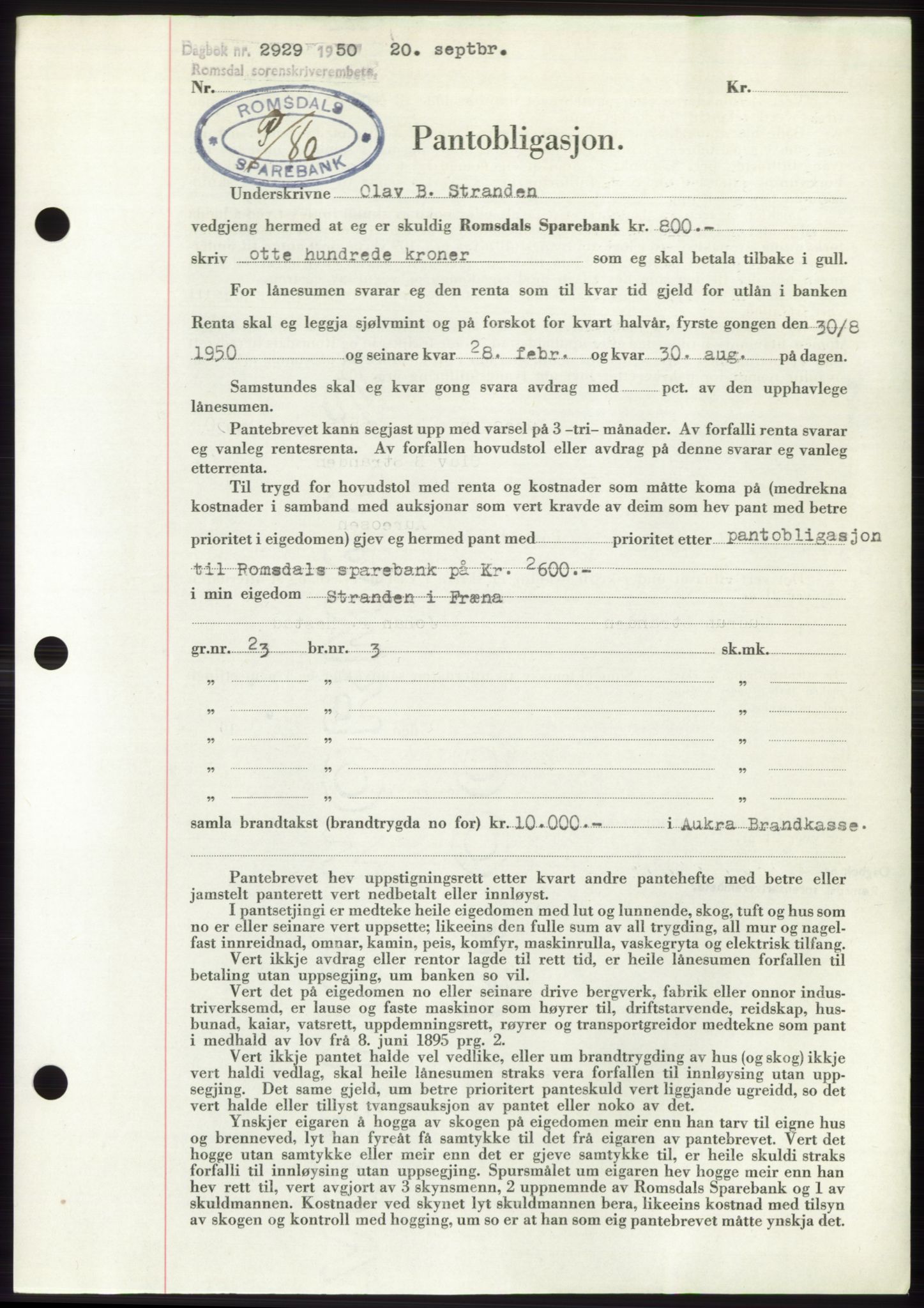 Romsdal sorenskriveri, AV/SAT-A-4149/1/2/2C: Mortgage book no. B5, 1949-1950, Diary no: : 2929/1950