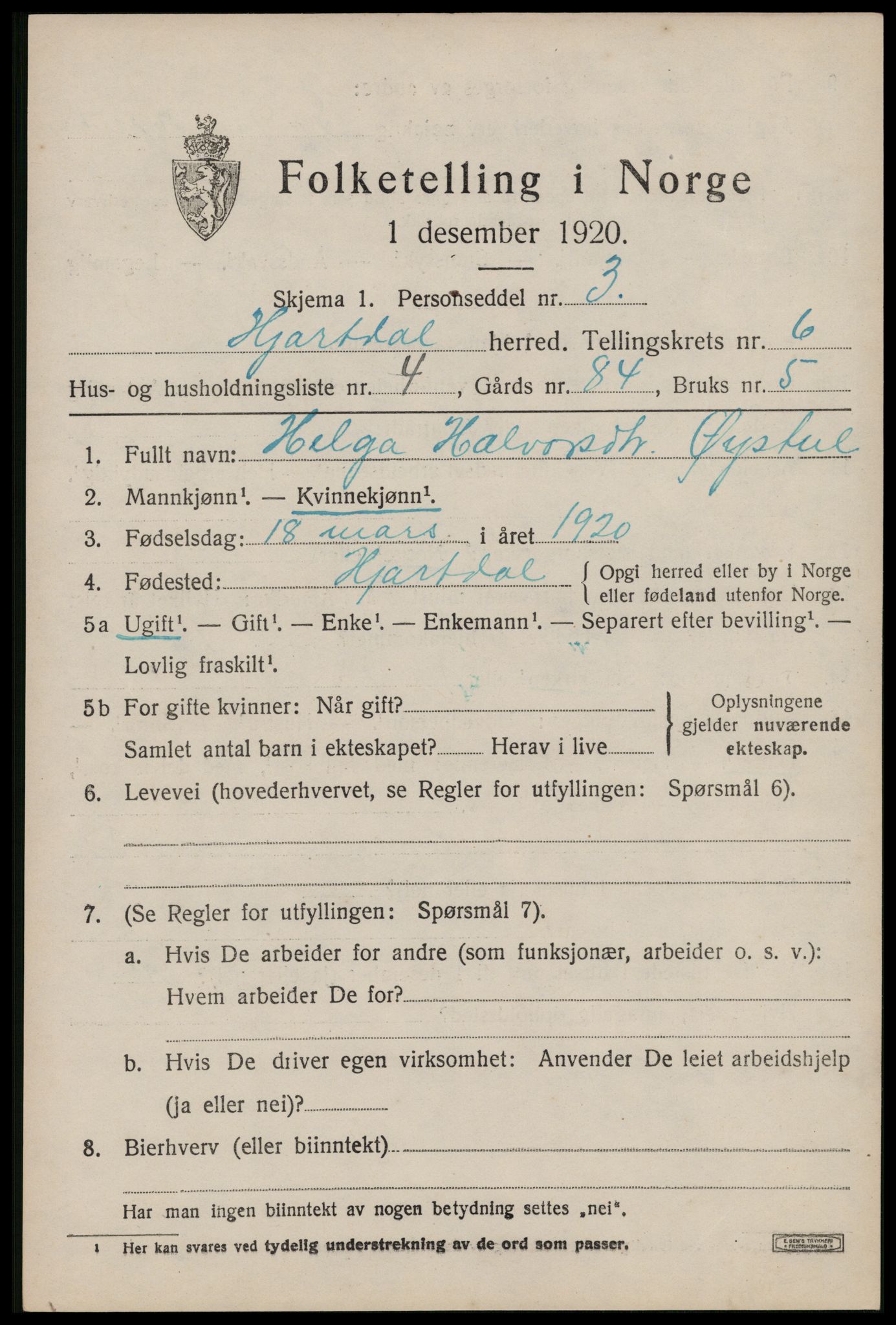 SAKO, 1920 census for Hjartdal, 1920, p. 4052