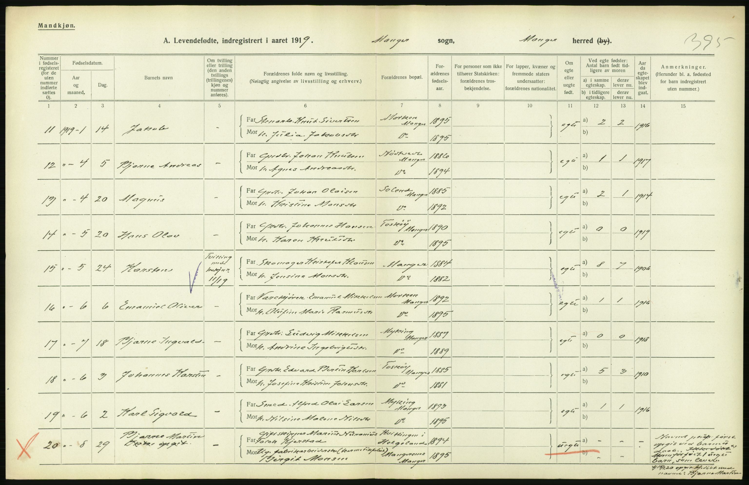 Statistisk sentralbyrå, Sosiodemografiske emner, Befolkning, RA/S-2228/D/Df/Dfb/Dfbi/L0031: Hordaland fylke: Levendefødte menn og kvinner. Bygder., 1919, p. 20