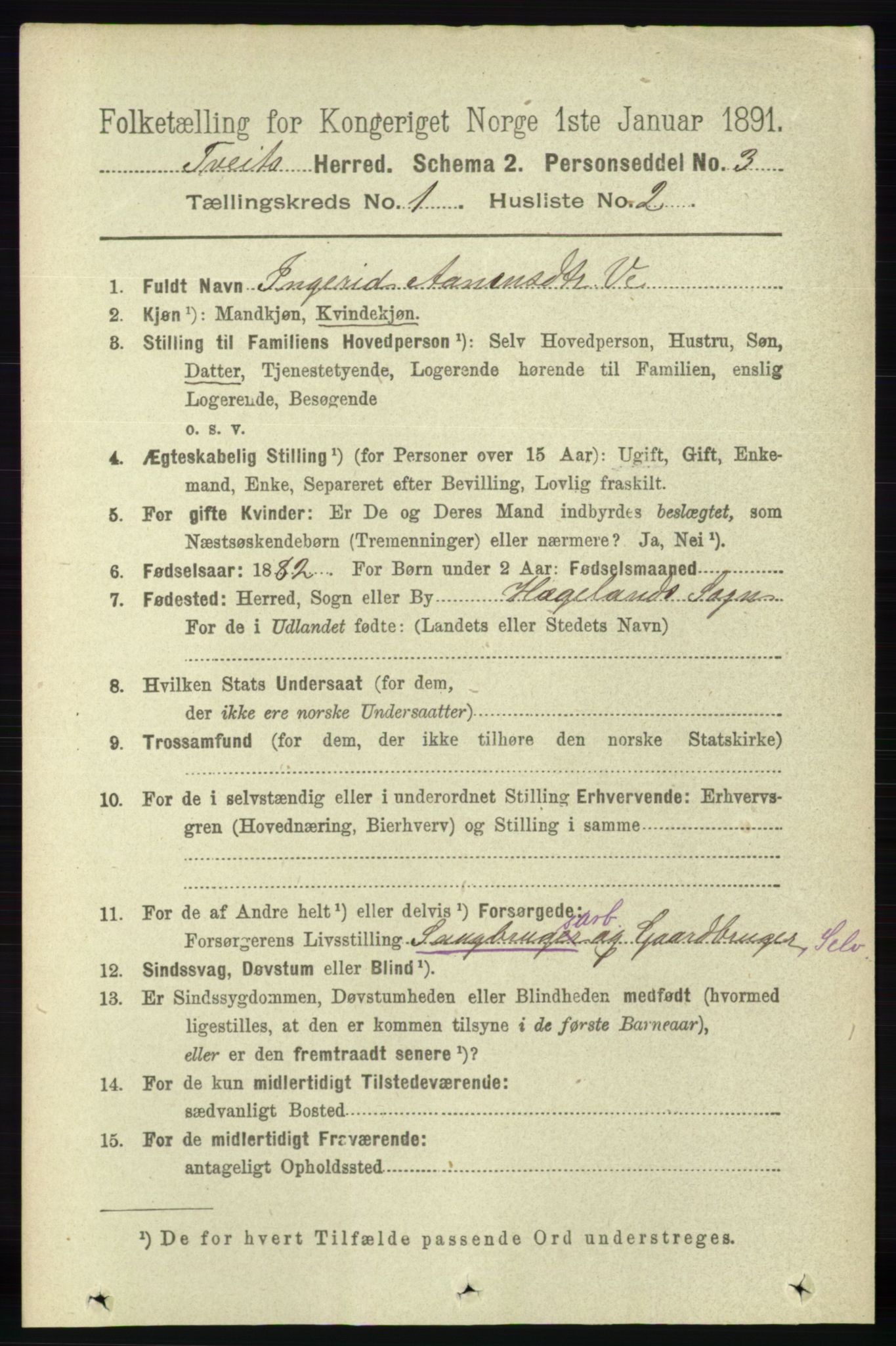 RA, 1891 census for 1013 Tveit, 1891, p. 93