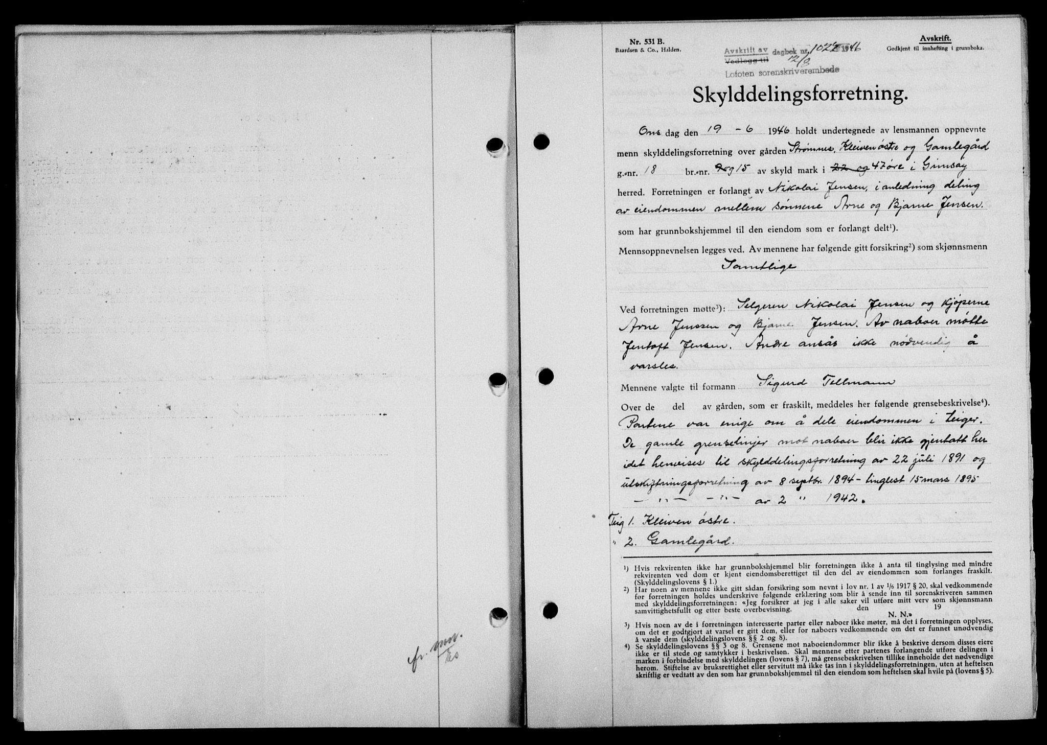 Lofoten sorenskriveri, SAT/A-0017/1/2/2C/L0014a: Mortgage book no. 14a, 1946-1946, Diary no: : 1022/1946