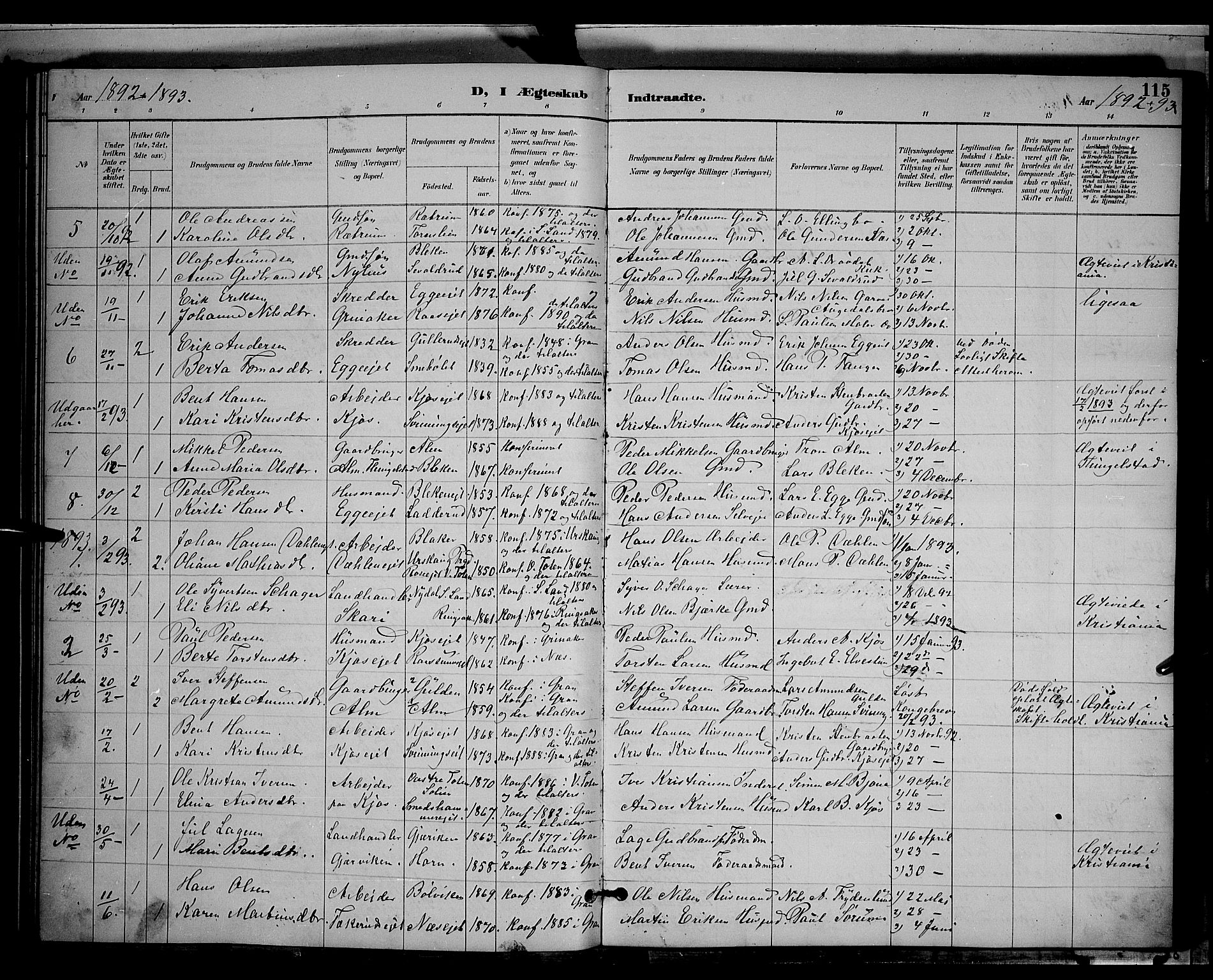 Gran prestekontor, SAH/PREST-112/H/Ha/Hab/L0004: Parish register (copy) no. 4, 1890-1899, p. 115