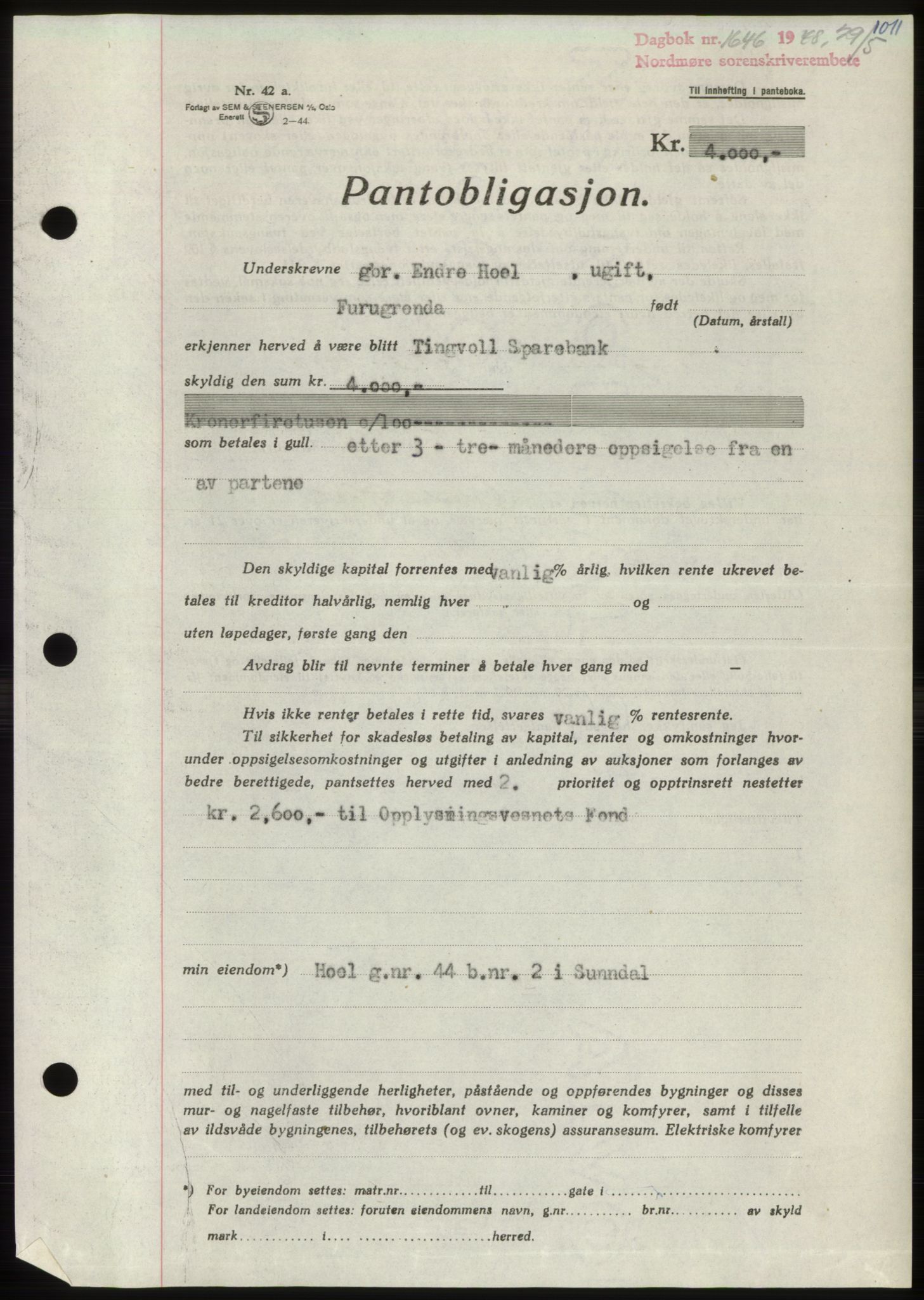 Nordmøre sorenskriveri, AV/SAT-A-4132/1/2/2Ca: Mortgage book no. B98, 1948-1948, Diary no: : 1646/1948