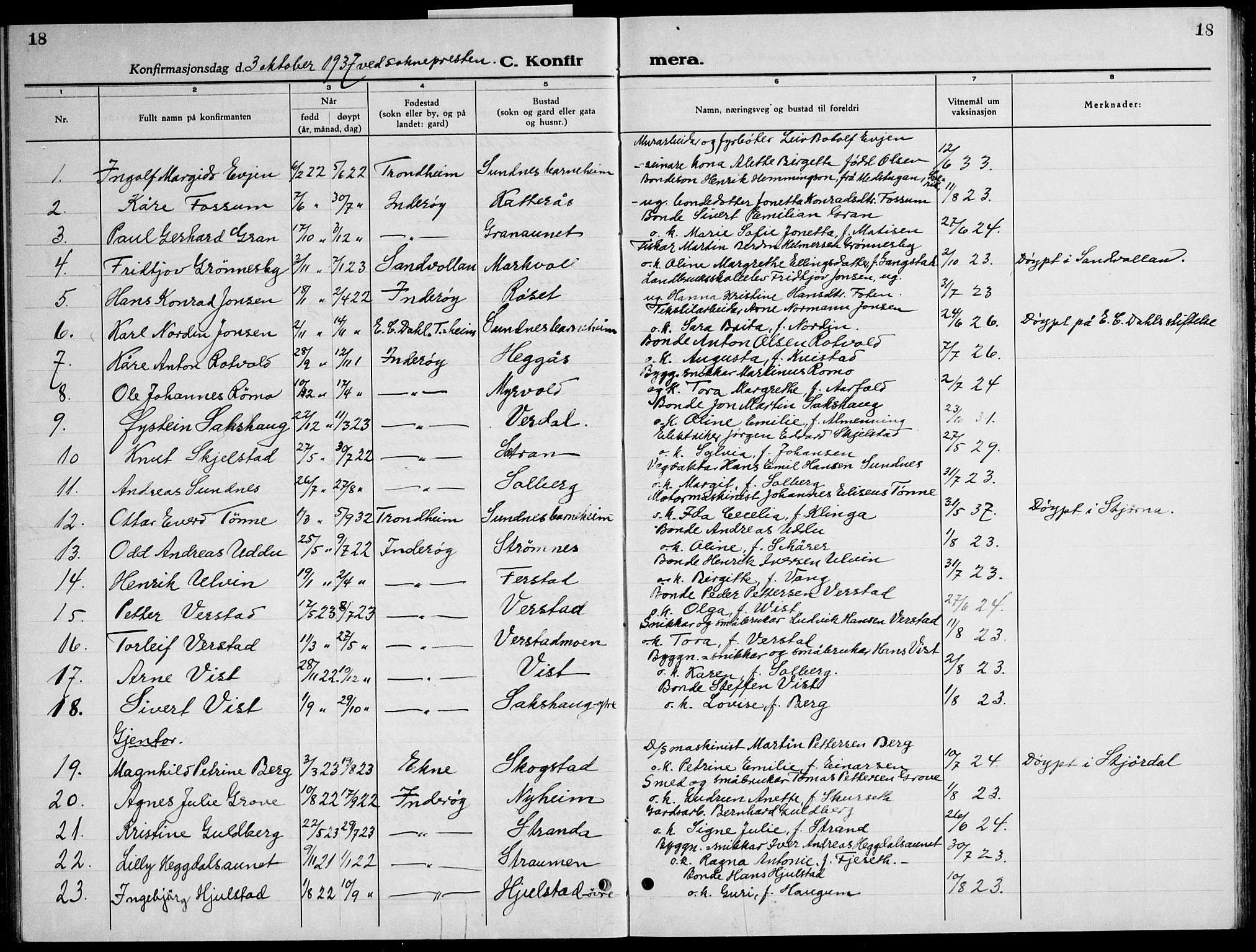 Ministerialprotokoller, klokkerbøker og fødselsregistre - Nord-Trøndelag, SAT/A-1458/730/L0304: Parish register (copy) no. 730C07, 1934-1945, p. 18