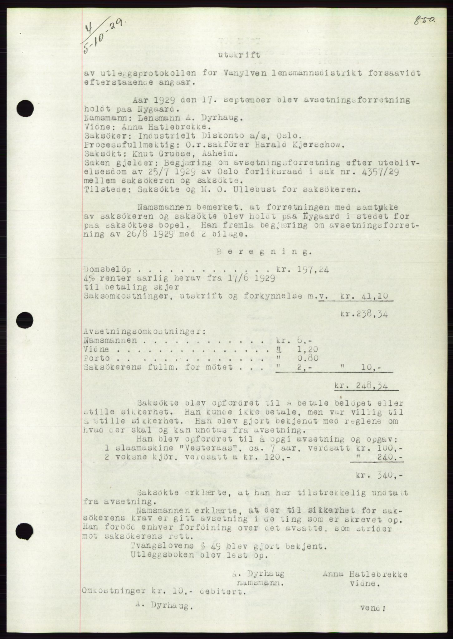 Søre Sunnmøre sorenskriveri, AV/SAT-A-4122/1/2/2C/L0049: Mortgage book no. 43, 1929-1929, Deed date: 05.10.1929