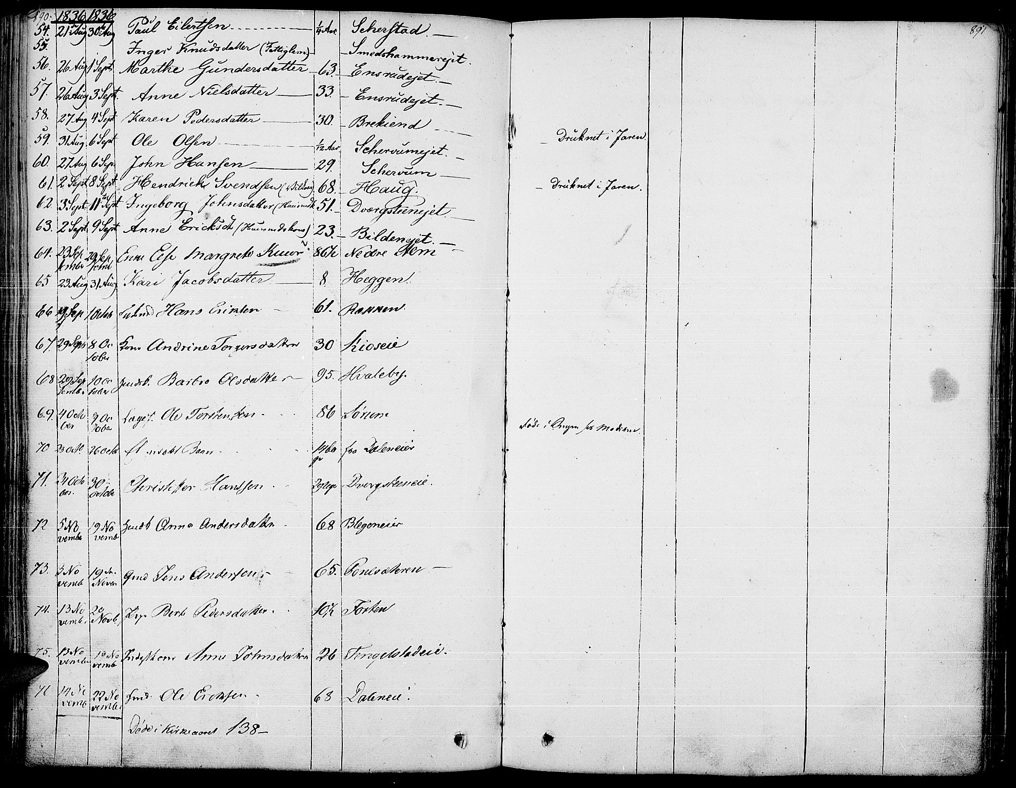 Gran prestekontor, SAH/PREST-112/H/Ha/Haa/L0010: Parish register (official) no. 10, 1824-1842, p. 890-891