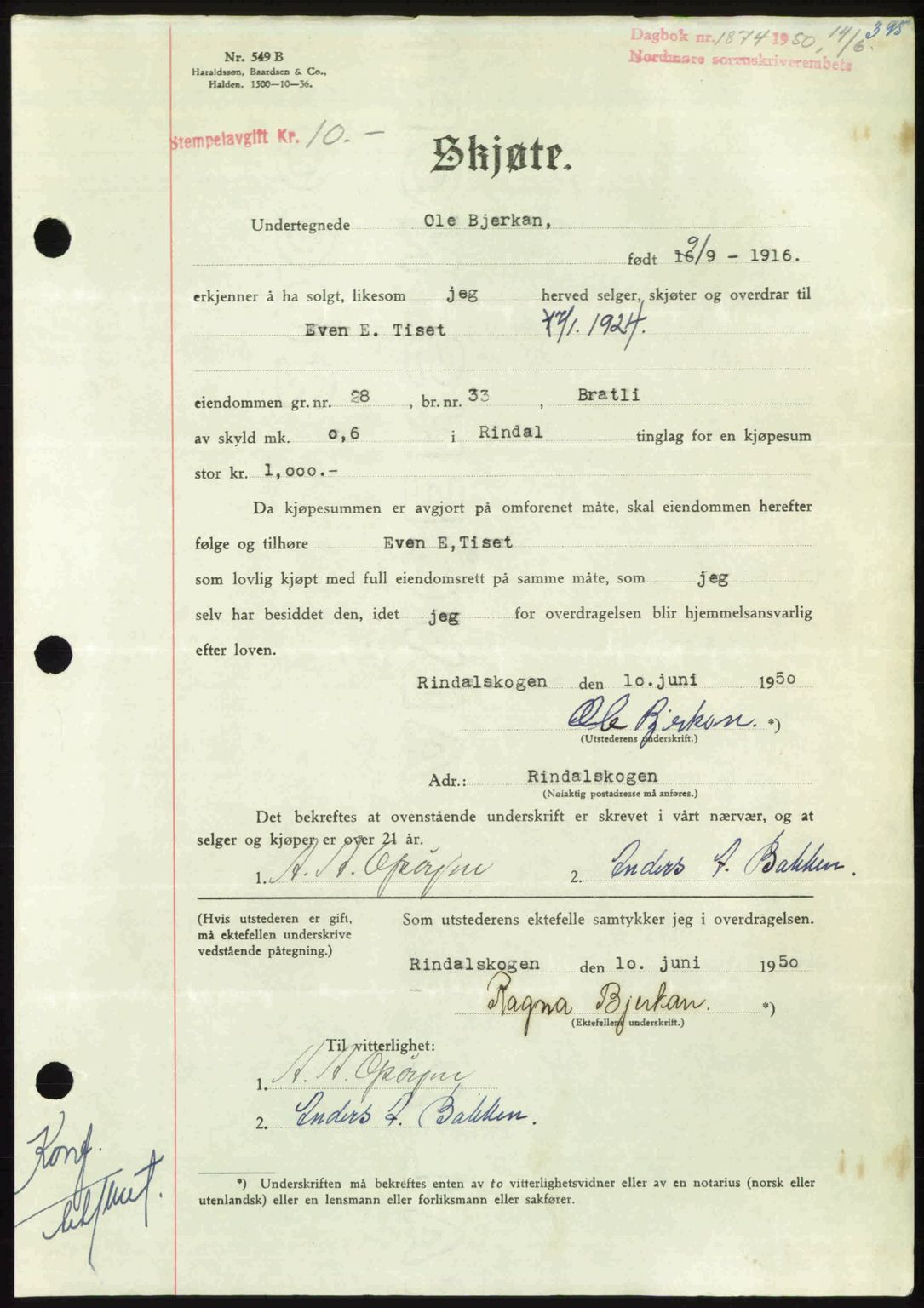 Nordmøre sorenskriveri, AV/SAT-A-4132/1/2/2Ca: Mortgage book no. A115, 1950-1950, Diary no: : 1874/1950