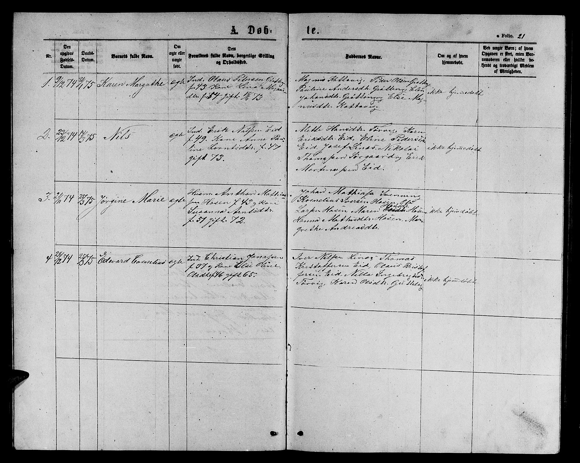 Ministerialprotokoller, klokkerbøker og fødselsregistre - Sør-Trøndelag, SAT/A-1456/656/L0695: Parish register (copy) no. 656C01, 1867-1889, p. 21