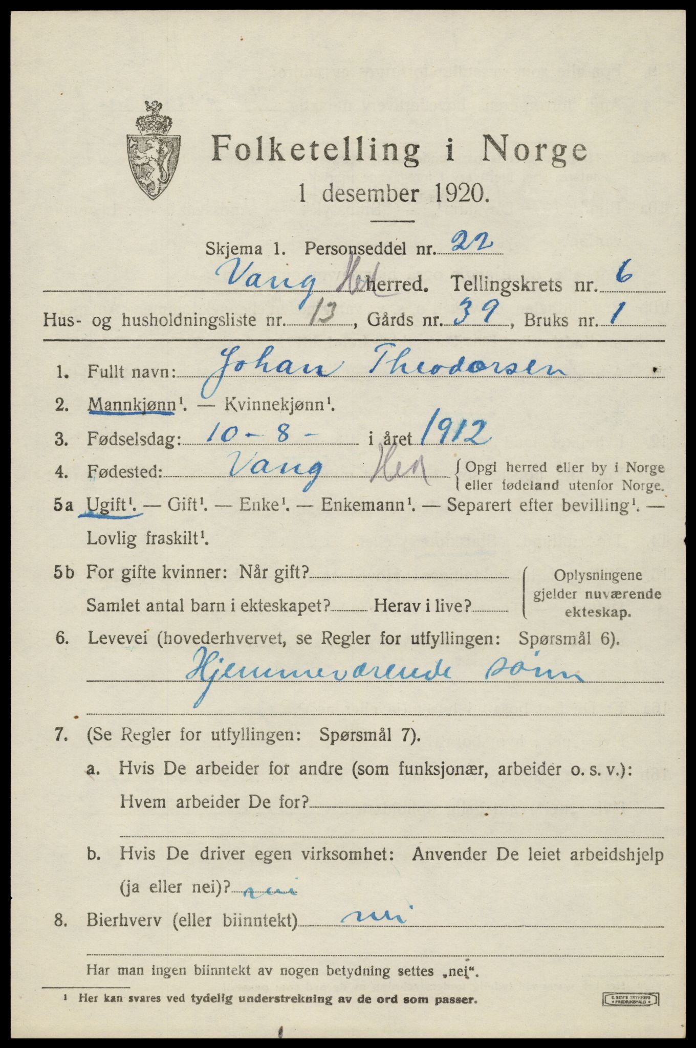 SAH, 1920 census for Vang (Hedmark), 1920, p. 15387