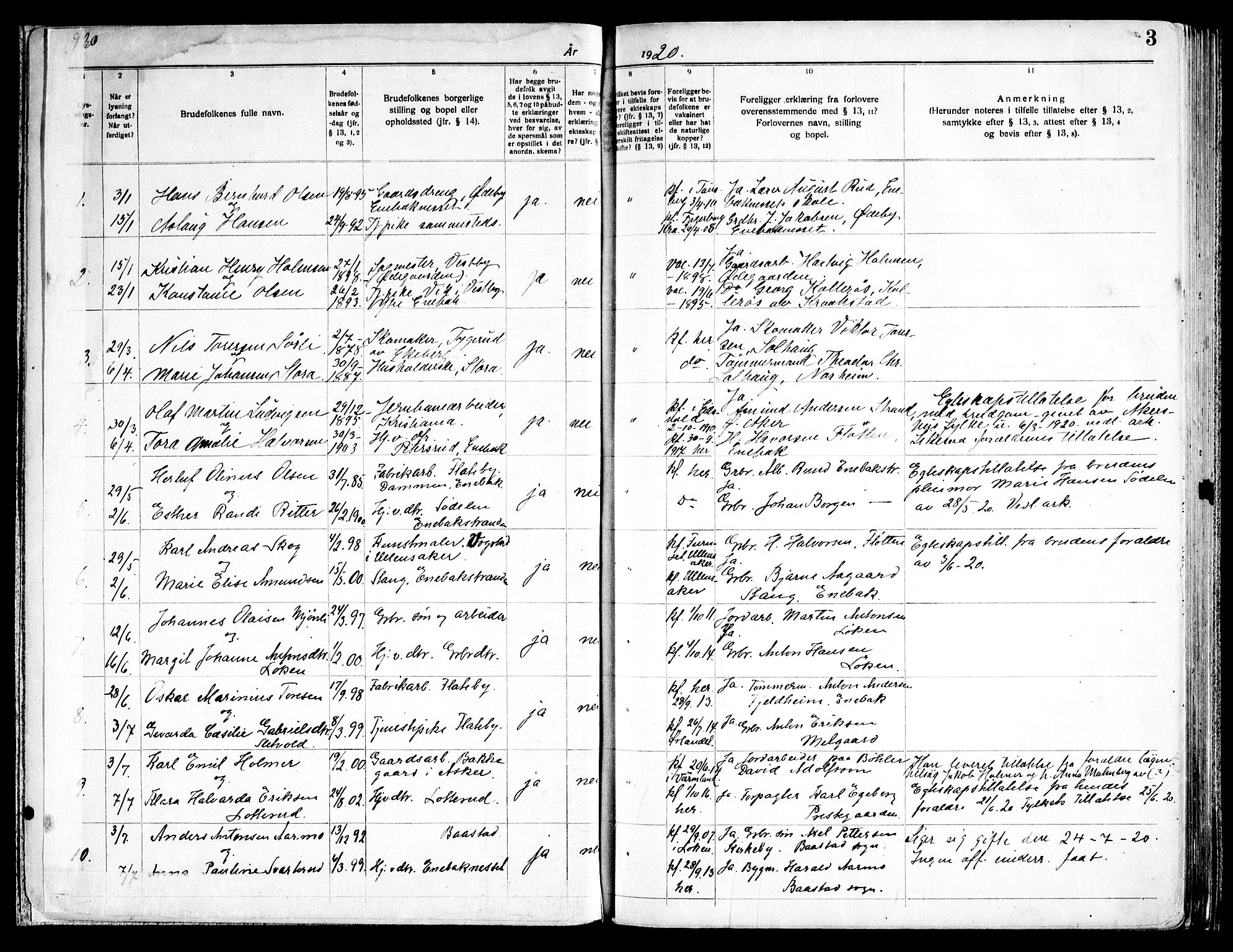 Enebakk prestekontor Kirkebøker, SAO/A-10171c/H/Ha/L0001: Banns register no. 1, 1919-1958, p. 3
