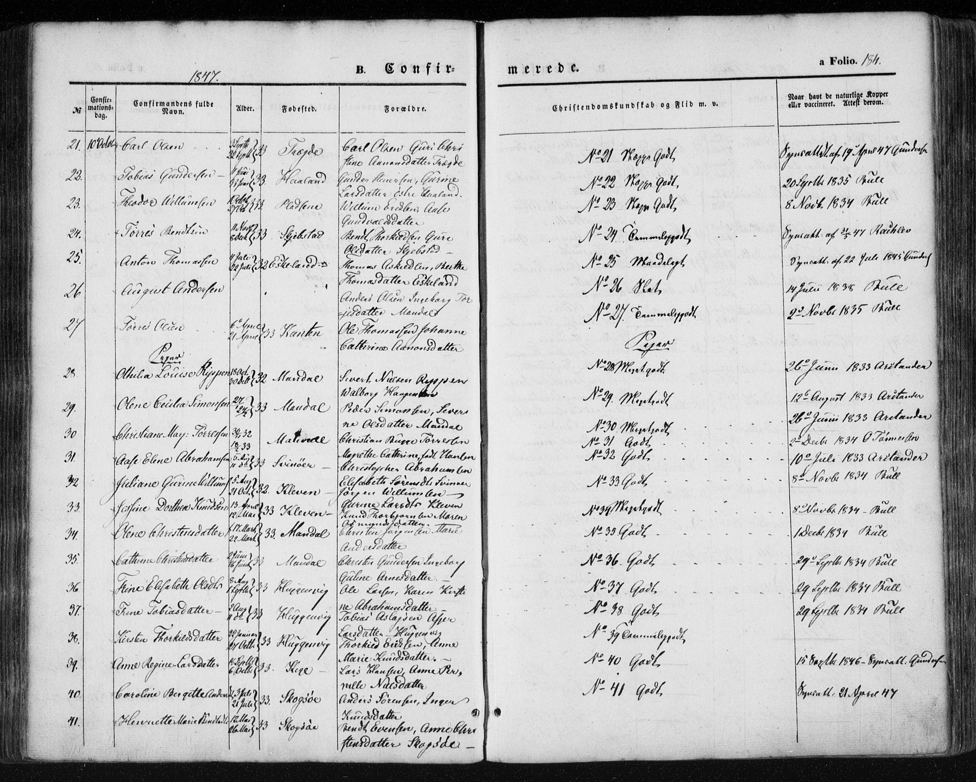 Mandal sokneprestkontor, SAK/1111-0030/F/Fa/Faa/L0013: Parish register (official) no. A 13, 1847-1859, p. 184