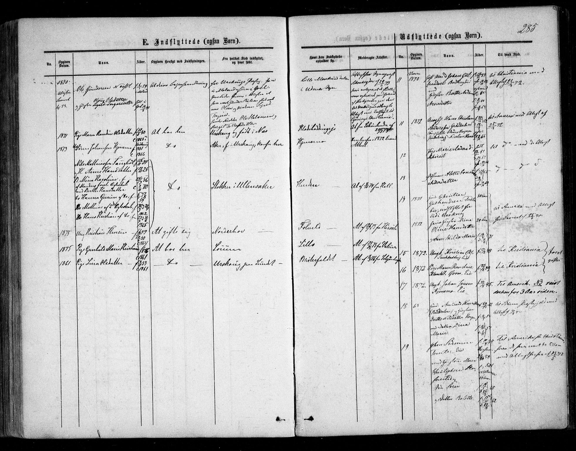 Nes prestekontor Kirkebøker, AV/SAO-A-10410/F/Fc/L0001: Parish register (official) no. III 1, 1859-1882, p. 285