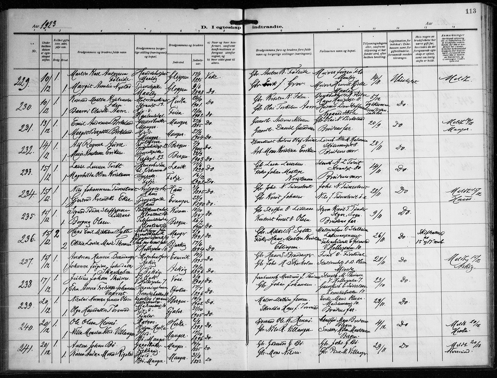 Nykirken Sokneprestembete, SAB/A-77101/H/Haa/L0037: Parish register (official) no. D 7, 1918-1926, p. 113