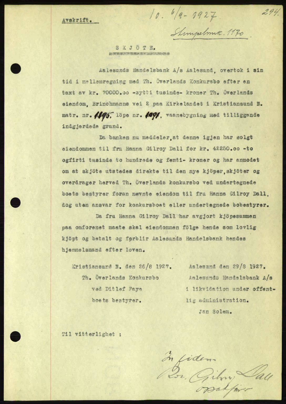 Kristiansund byfogd, AV/SAT-A-4587/A/27: Mortgage book no. 21, 1926-1928, Deed date: 06.09.1927