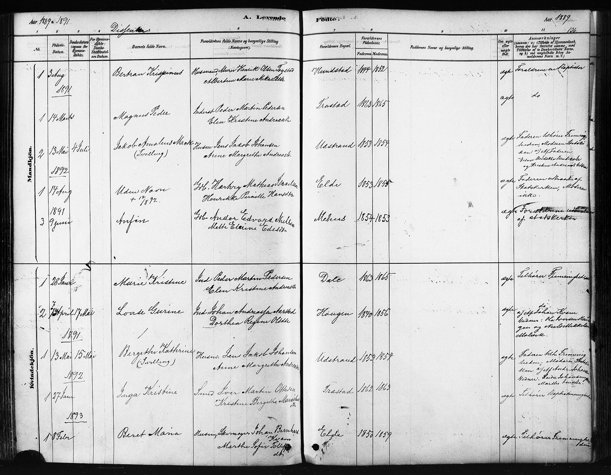 Kvæfjord sokneprestkontor, AV/SATØ-S-1323/G/Ga/Gaa/L0005kirke: Parish register (official) no. 5, 1878-1894, p. 136