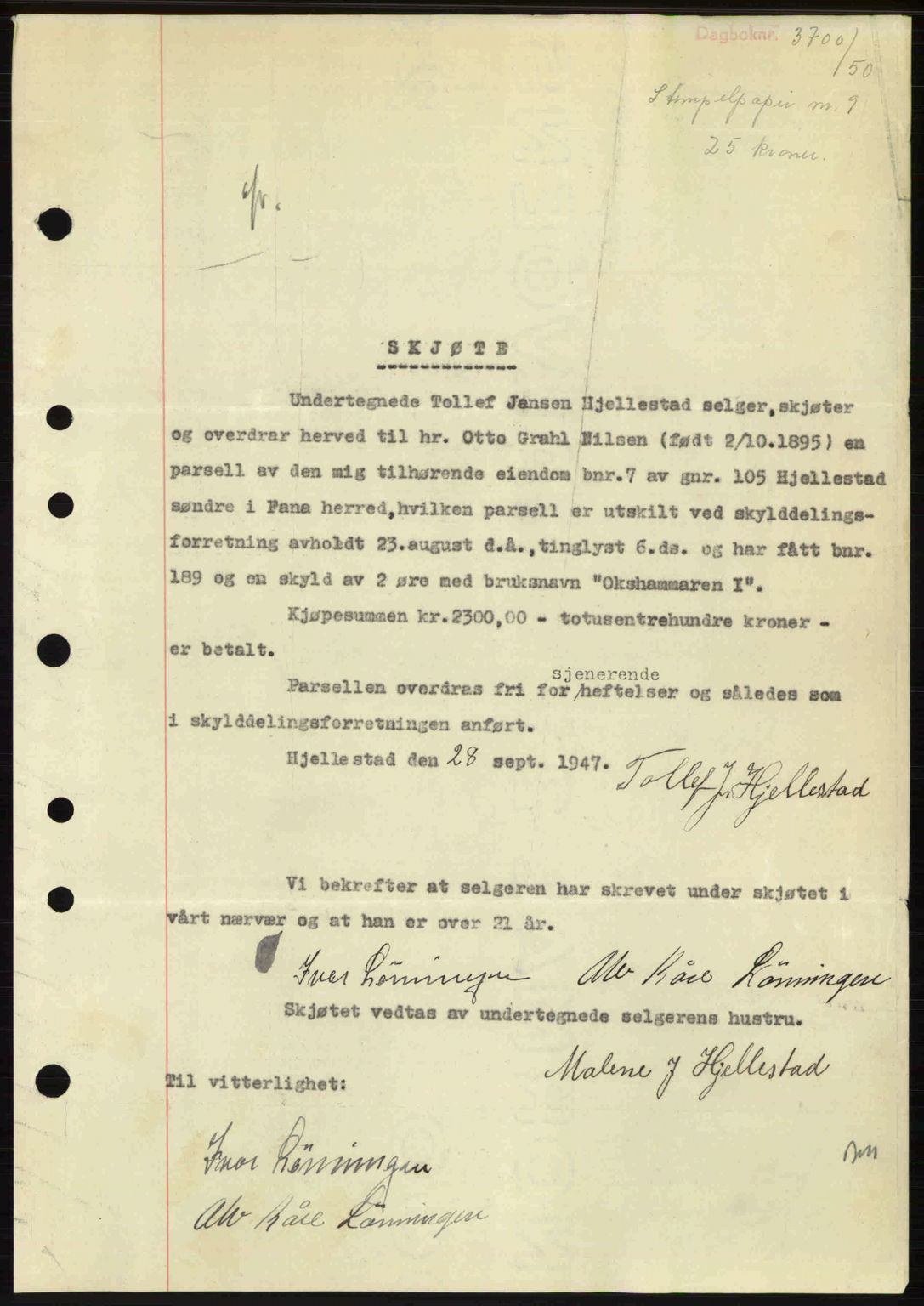 Midhordland sorenskriveri, AV/SAB-A-3001/1/G/Gb/Gbj/L0037: Mortgage book no. A71-72, 1950-1950, Diary no: : 3700/1950