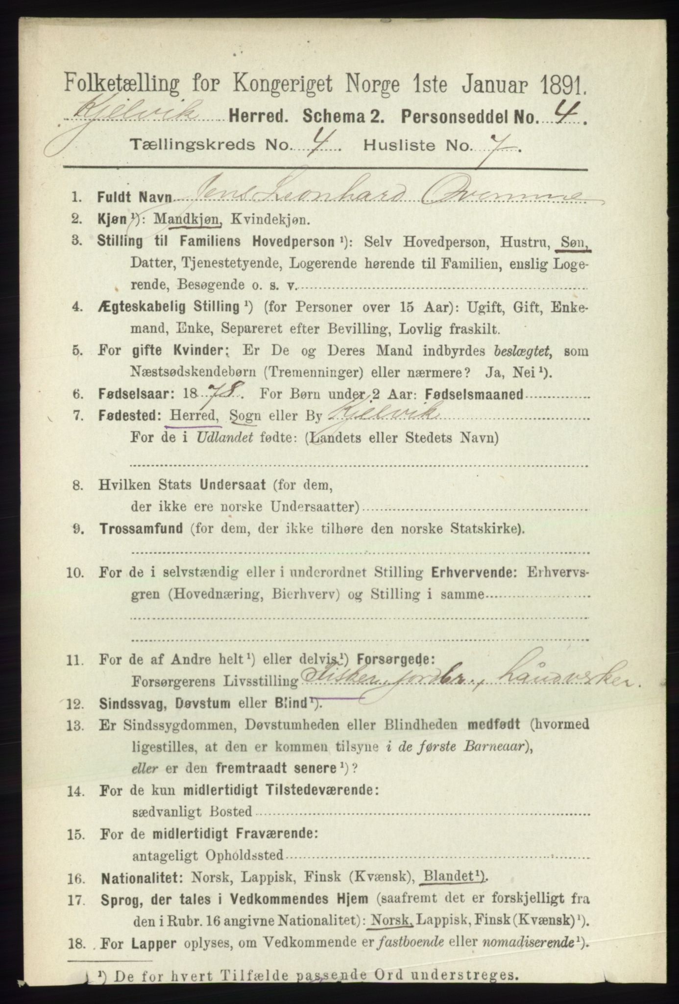 RA, 1891 census for 2019 Kjelvik, 1891, p. 461