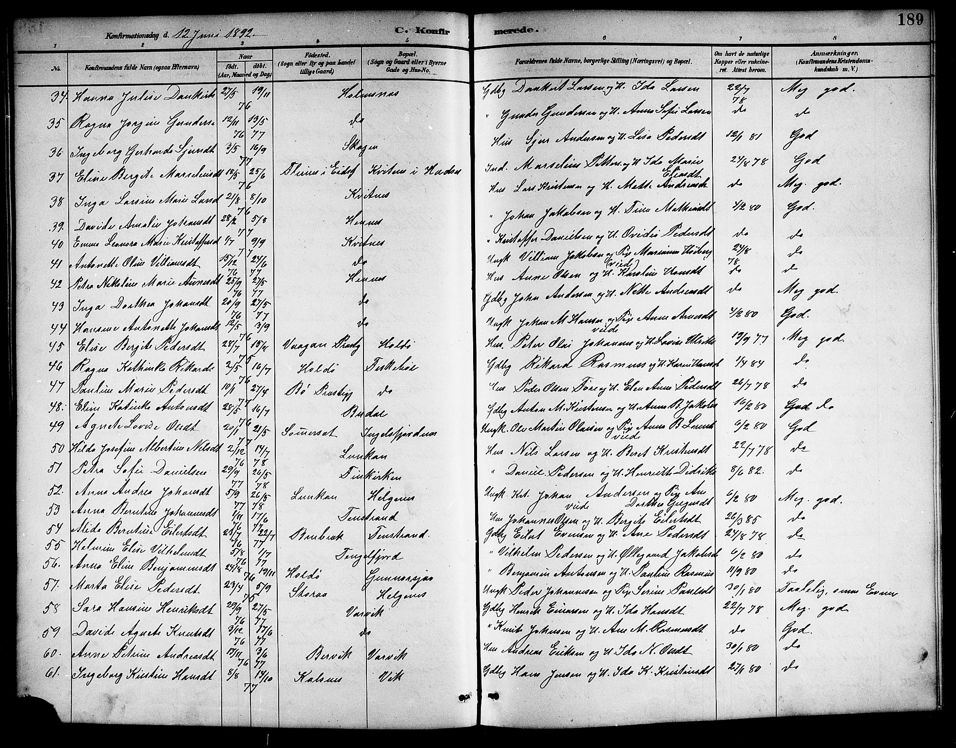 Ministerialprotokoller, klokkerbøker og fødselsregistre - Nordland, AV/SAT-A-1459/888/L1268: Parish register (copy) no. 888C06, 1891-1908, p. 189