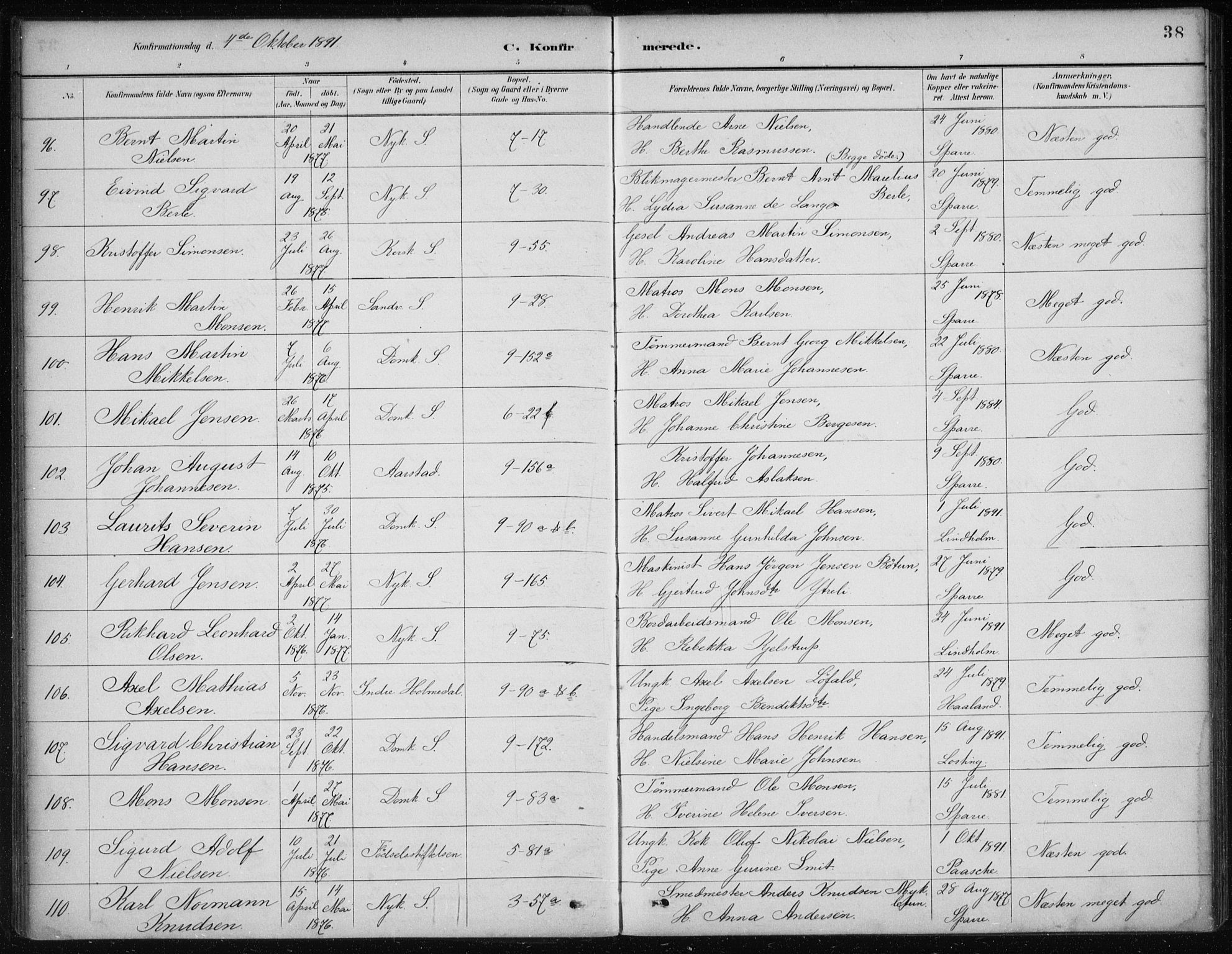 Nykirken Sokneprestembete, AV/SAB-A-77101/H/Haa/L0027: Parish register (official) no. C 6, 1886-1913, p. 38