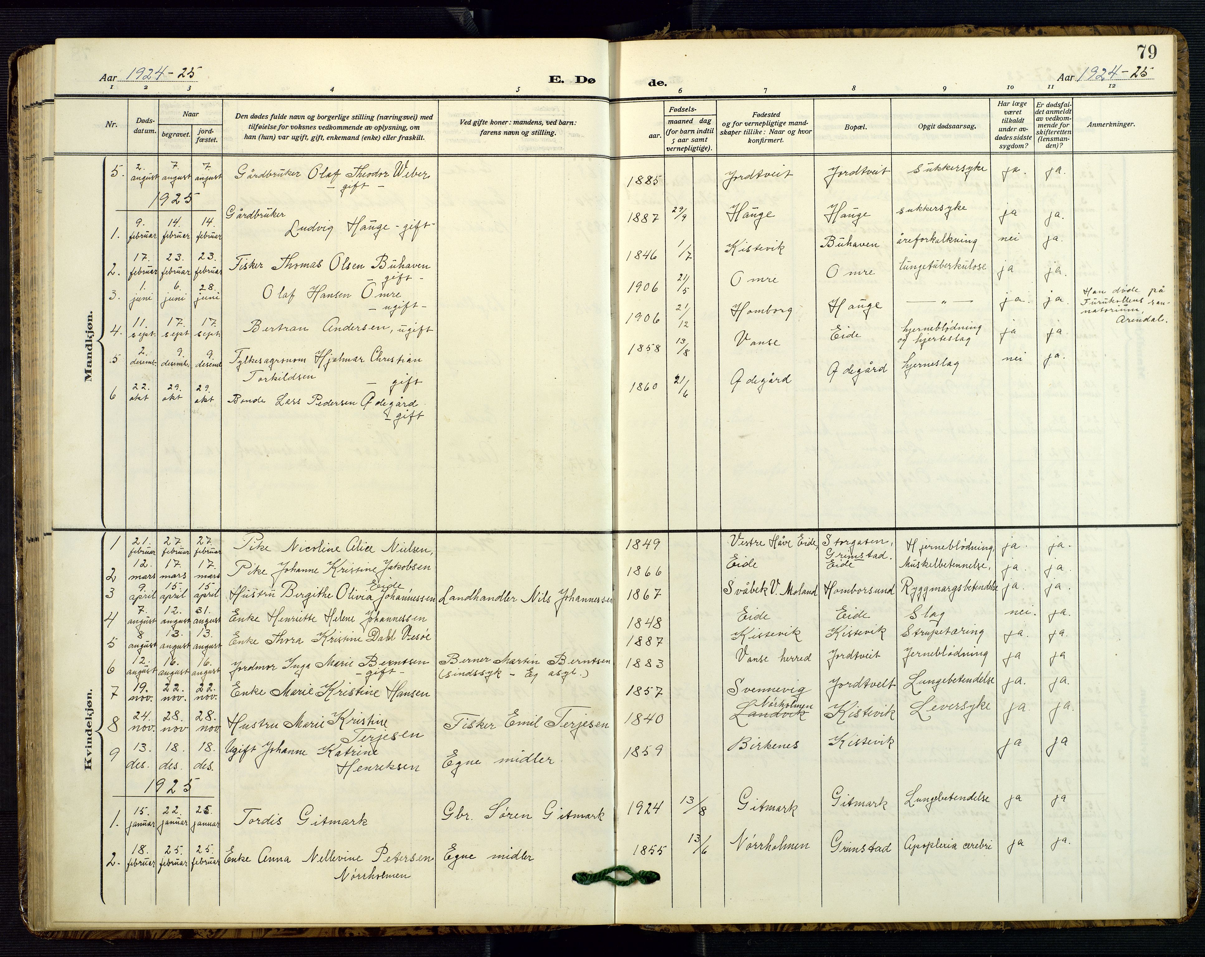 Hommedal sokneprestkontor, SAK/1111-0023/F/Fb/Fba/L0005: Parish register (copy) no. B 5, 1909-1957, p. 79