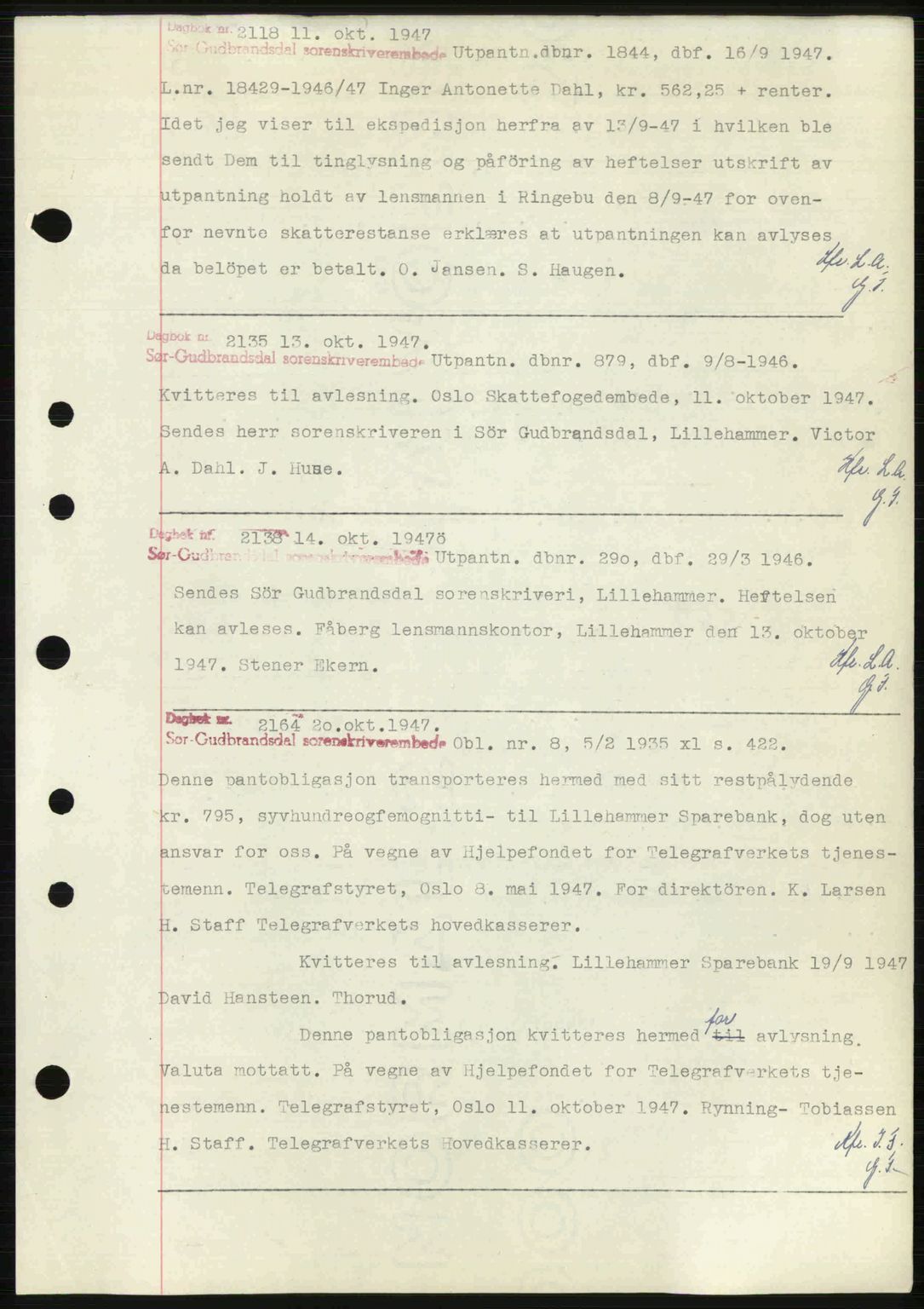 Sør-Gudbrandsdal tingrett, SAH/TING-004/H/Hb/Hbf/L0002: Mortgage book no. C1, 1938-1951, Diary no: : 2118/1947