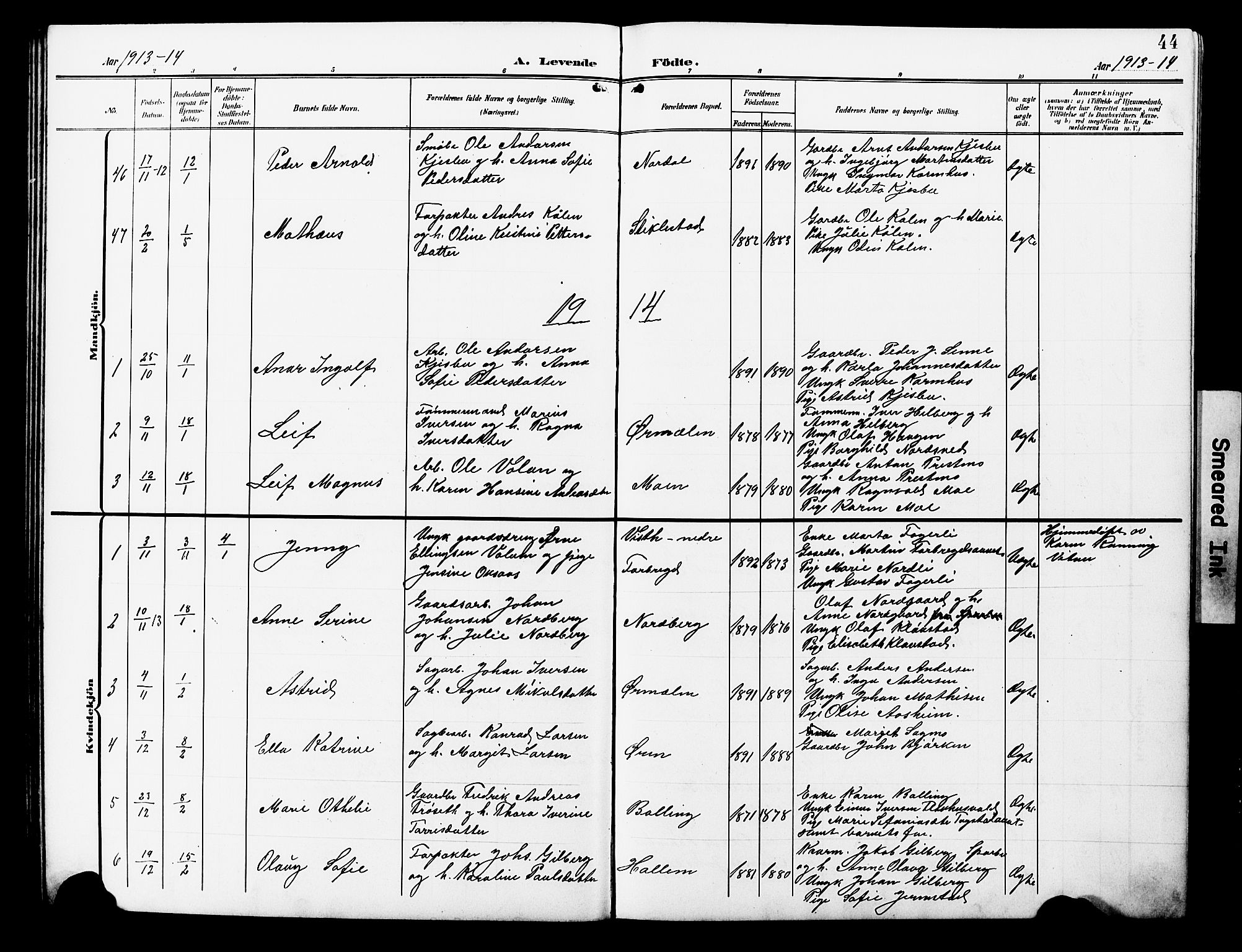 Ministerialprotokoller, klokkerbøker og fødselsregistre - Nord-Trøndelag, SAT/A-1458/723/L0258: Parish register (copy) no. 723C06, 1908-1927, p. 44