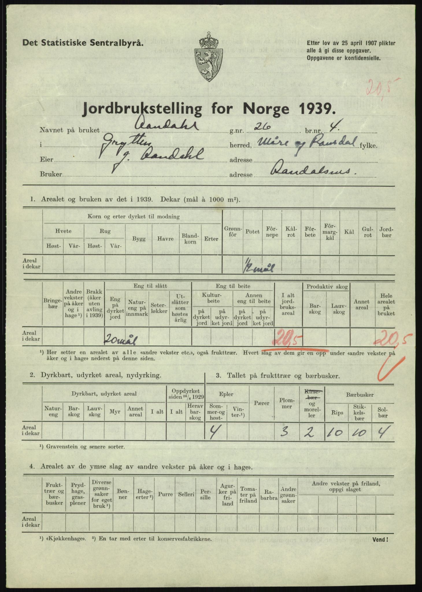 Statistisk sentralbyrå, Næringsøkonomiske emner, Jordbruk, skogbruk, jakt, fiske og fangst, AV/RA-S-2234/G/Gb/L0251: Møre og Romsdal: Voll, Eid, Grytten og Hen, 1939, p. 665