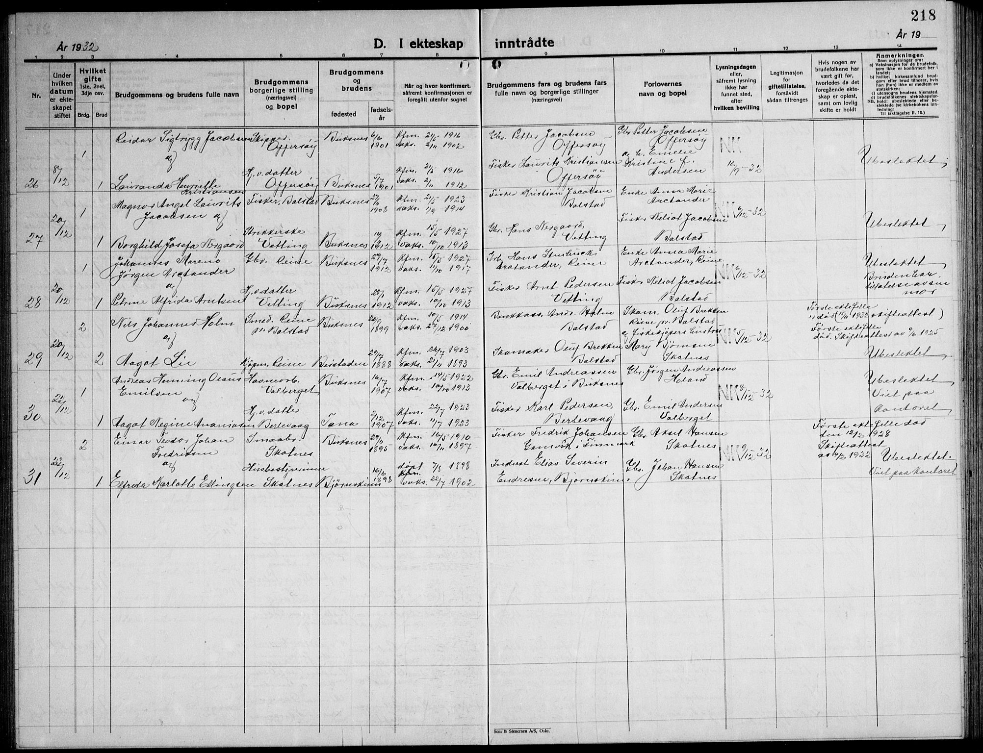 Ministerialprotokoller, klokkerbøker og fødselsregistre - Nordland, SAT/A-1459/881/L1170: Parish register (copy) no. 881C07, 1930-1943, p. 218