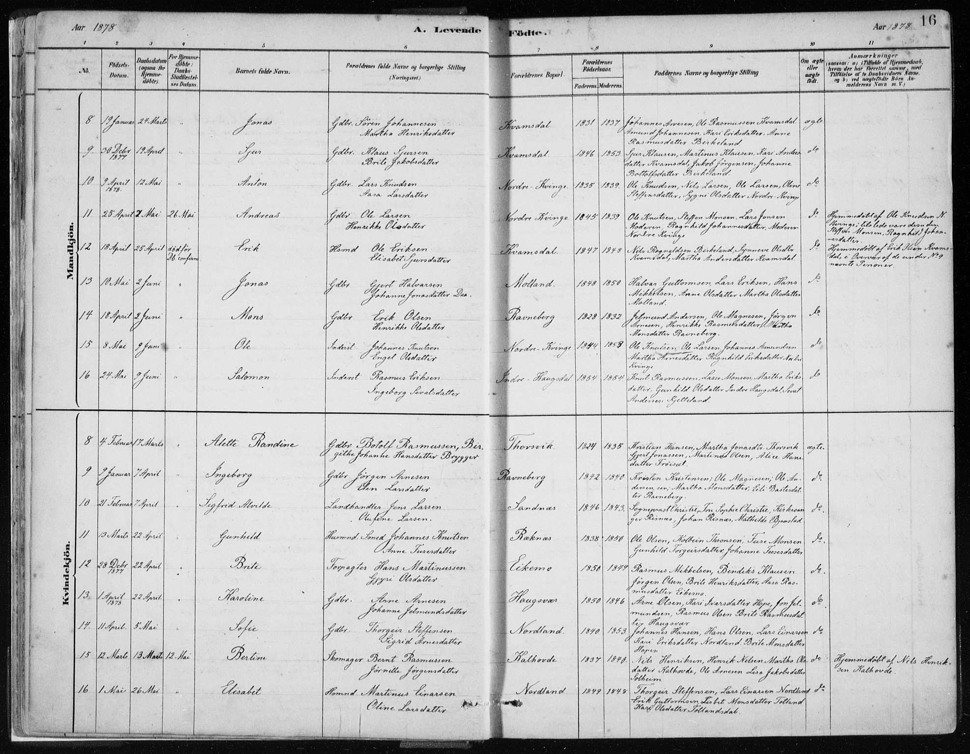 Masfjorden sokneprestembete, AV/SAB-A-77001: Parish register (official) no. B  1, 1876-1899, p. 16