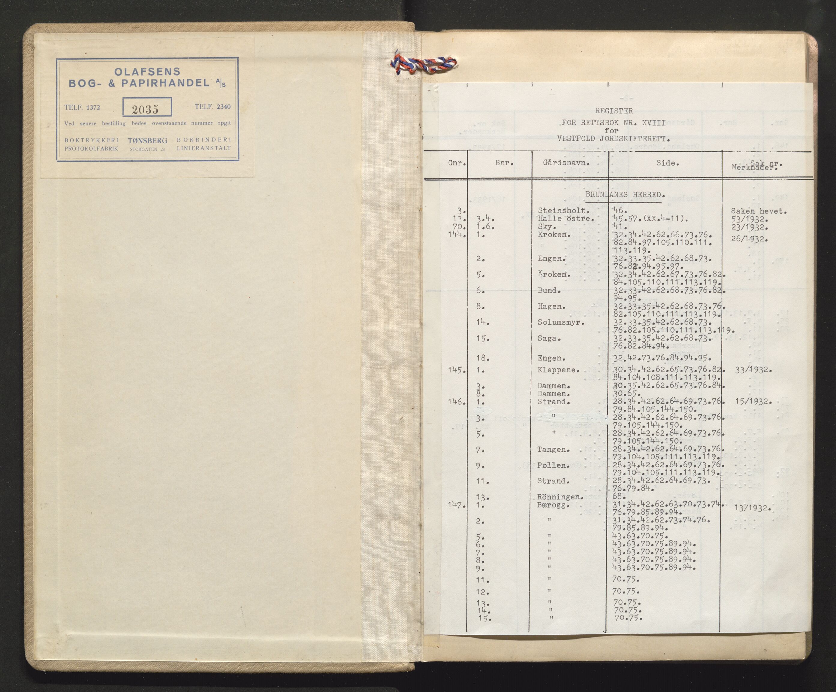 Utskiftningsvesenet i Vestfold, AV/SAKO-A-797/F/Fa/L0018: Rettsbok (forhandlingsprotokoll), 1932-1934