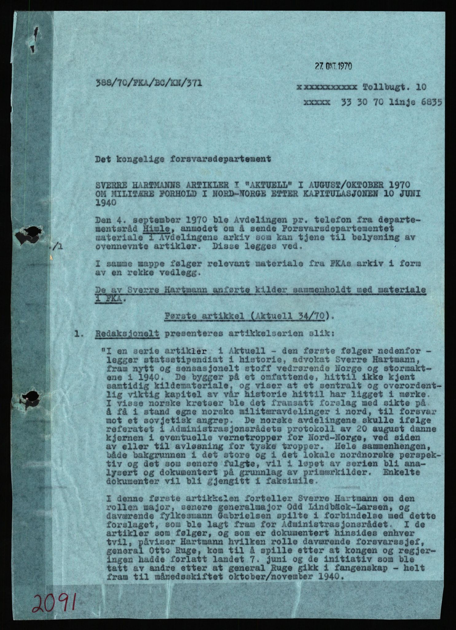 Forsvaret, Forsvarets krigshistoriske avdeling, RA/RAFA-2017/Y/Yf/L0199: II-C-11-2101  -  Kapitulasjonen i 1940, 1940-1971, p. 33