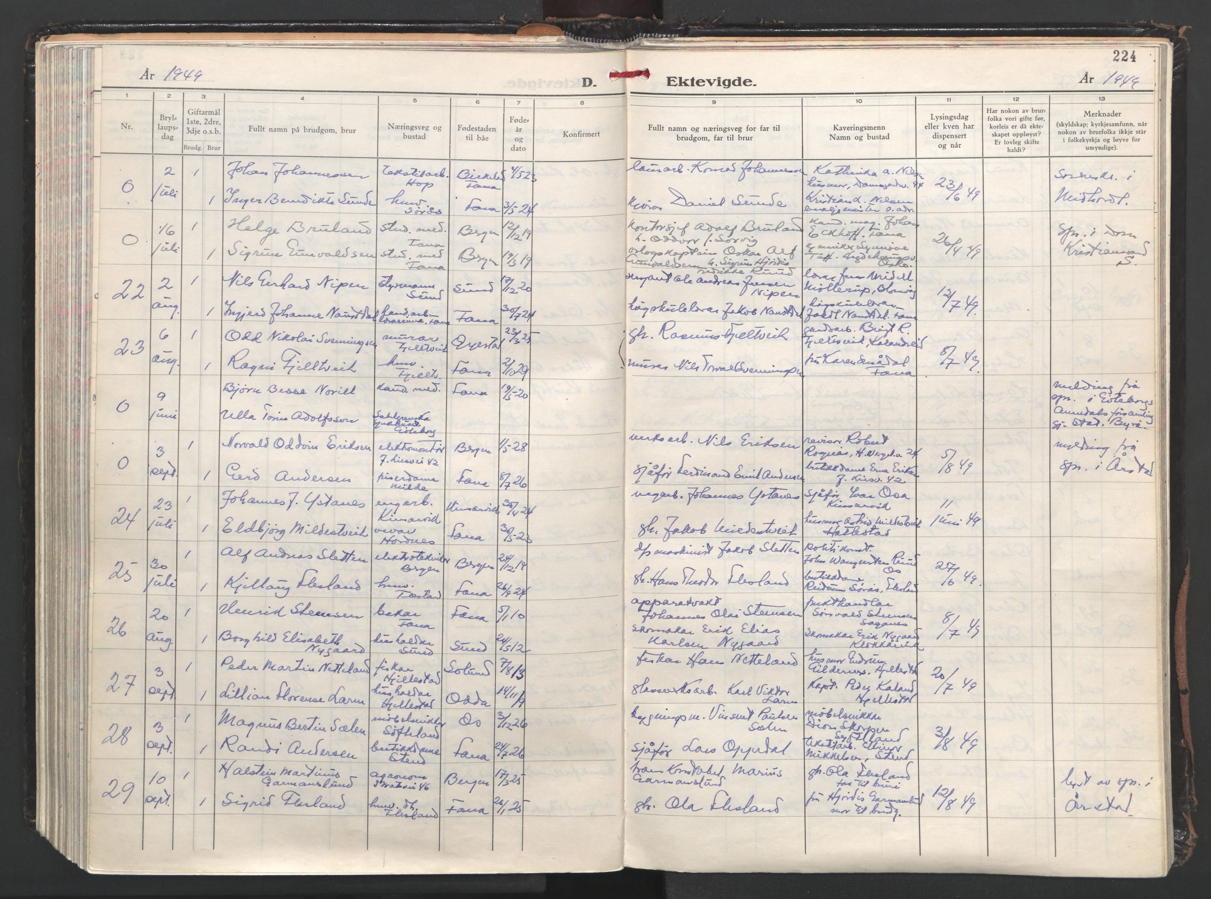 Fana Sokneprestembete, AV/SAB-A-75101/H/Haa/Haab/L0008: Parish register (official) no. B 8, 1947-1967, p. 224