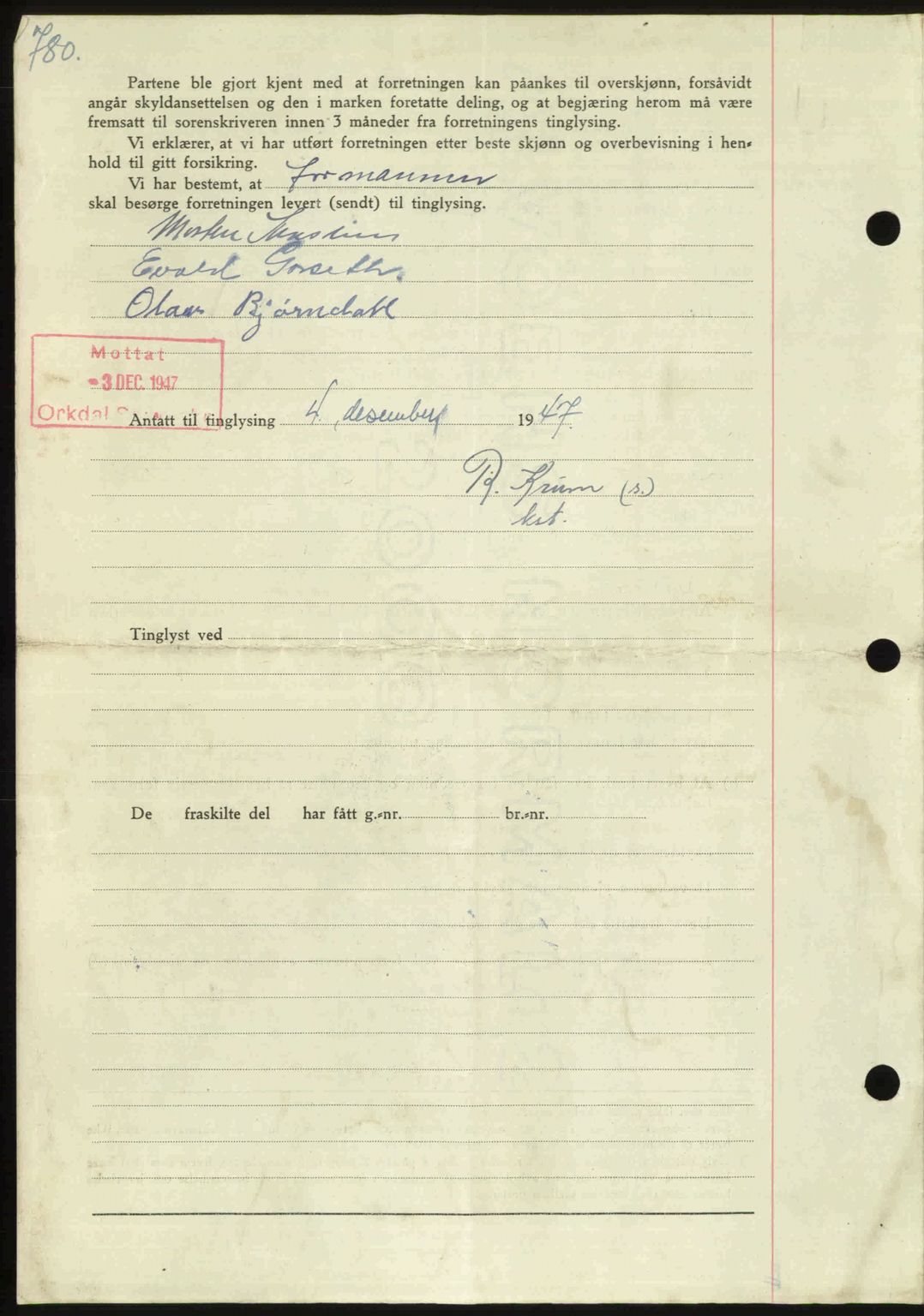 Orkdal sorenskriveri, SAT/A-4169/1/2/2C: Mortgage book no. A, 1947-1947, Diary no: : 1552/1947