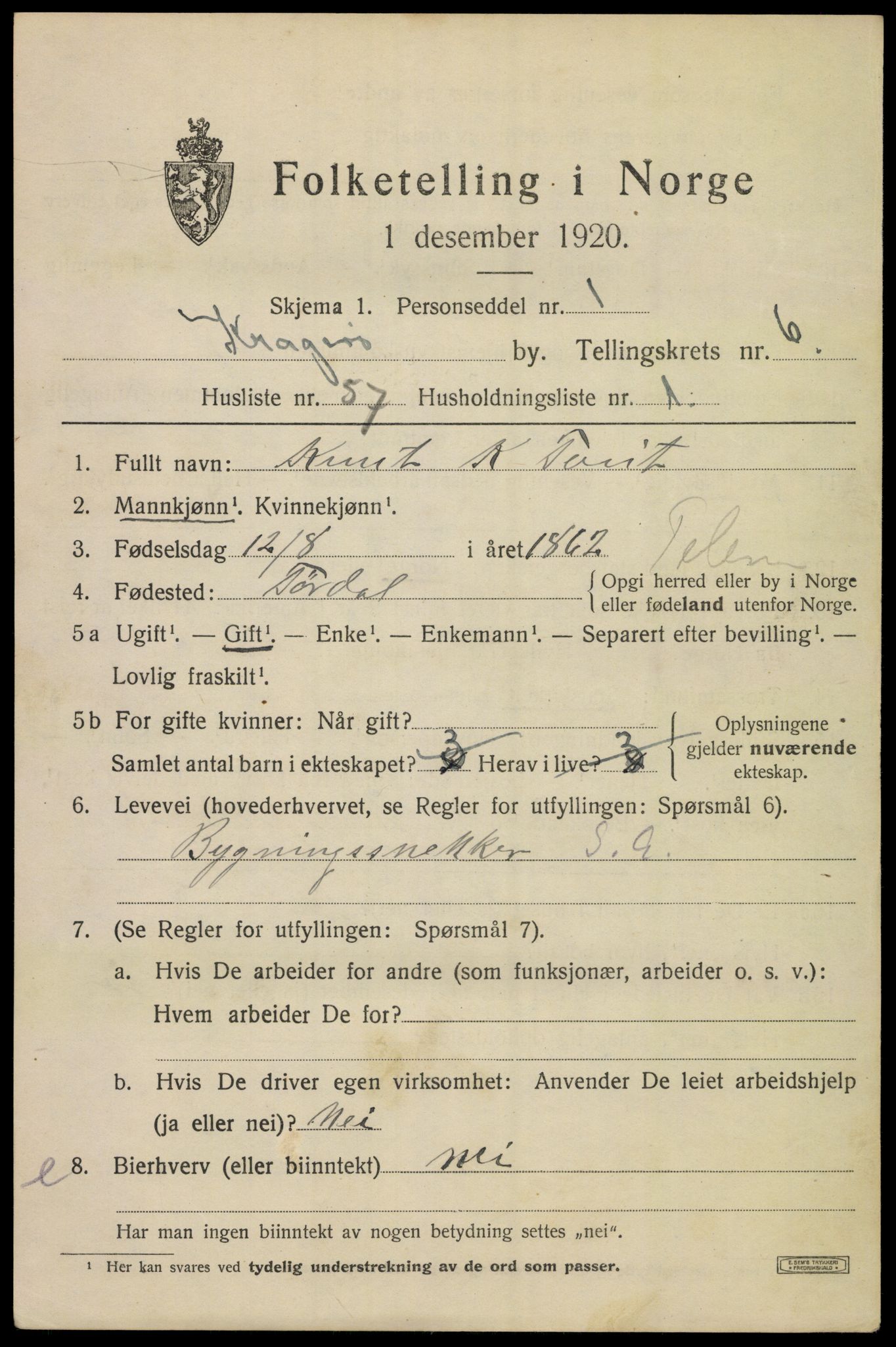 SAKO, 1920 census for Kragerø, 1920, p. 9707