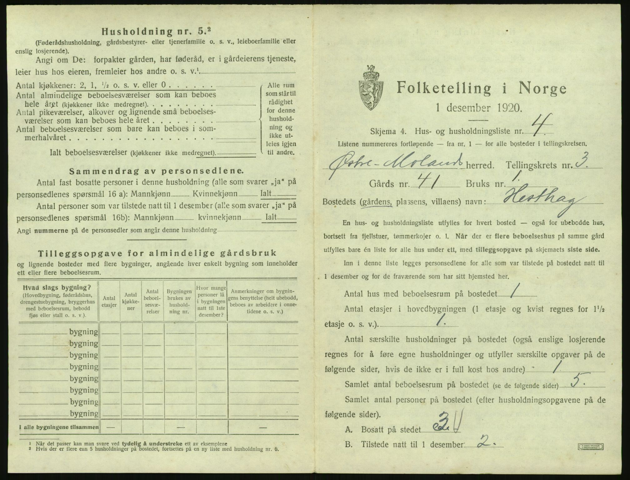 SAK, 1920 census for Austre Moland, 1920, p. 227