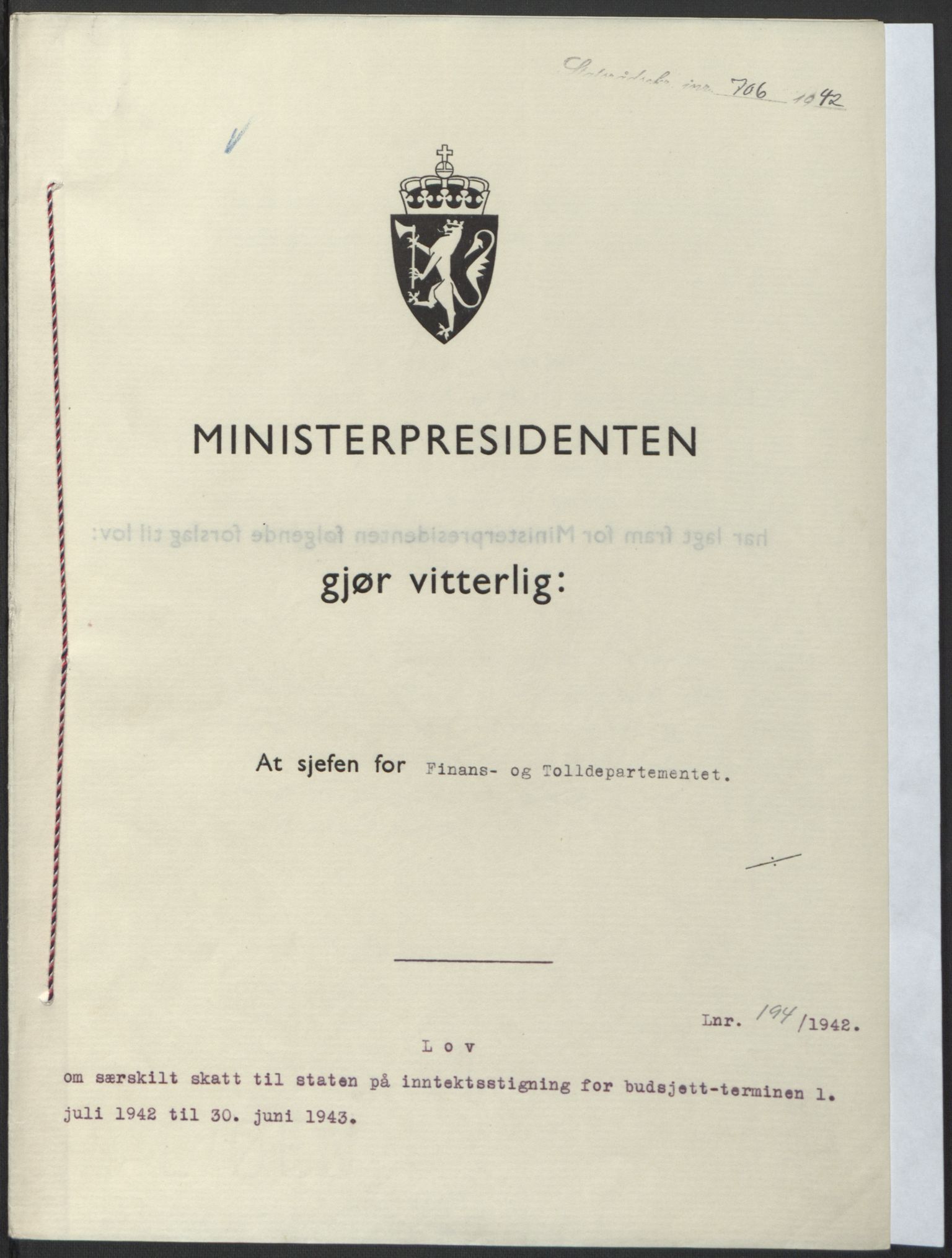 NS-administrasjonen 1940-1945 (Statsrådsekretariatet, de kommisariske statsråder mm), RA/S-4279/D/Db/L0098: Lover II, 1942, p. 388