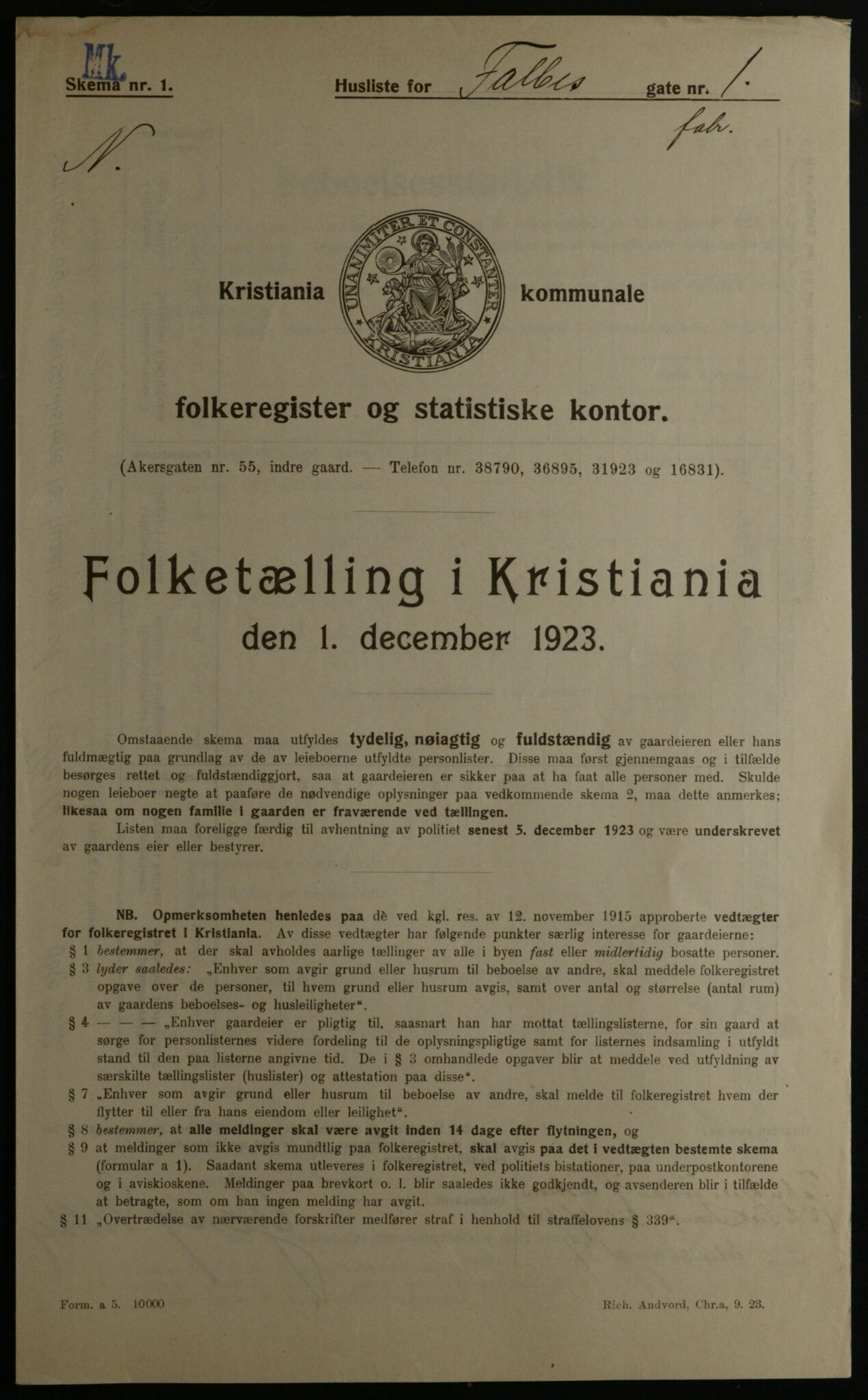 OBA, Municipal Census 1923 for Kristiania, 1923, p. 26156