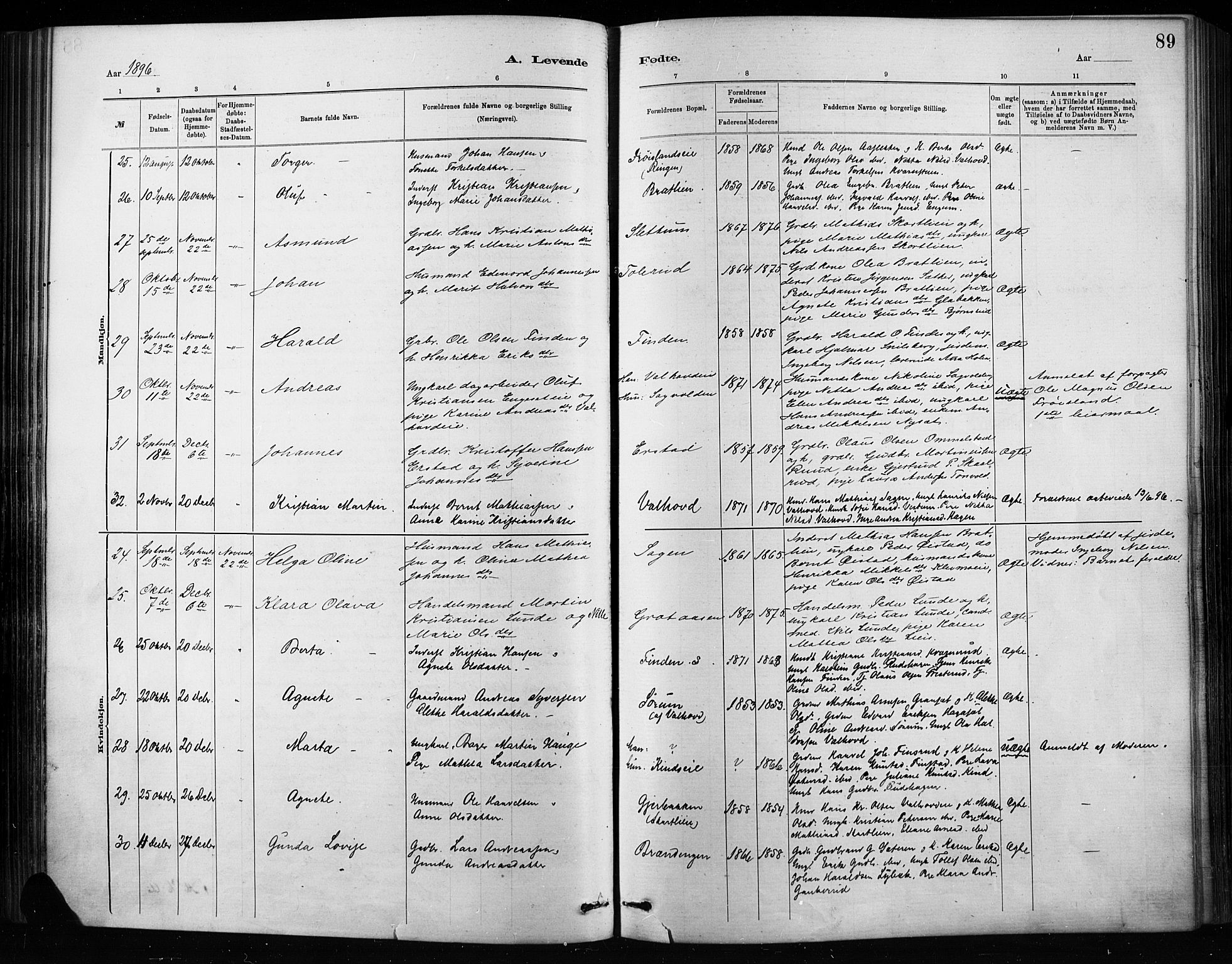 Nordre Land prestekontor, SAH/PREST-124/H/Ha/Haa/L0004: Parish register (official) no. 4, 1882-1896, p. 89