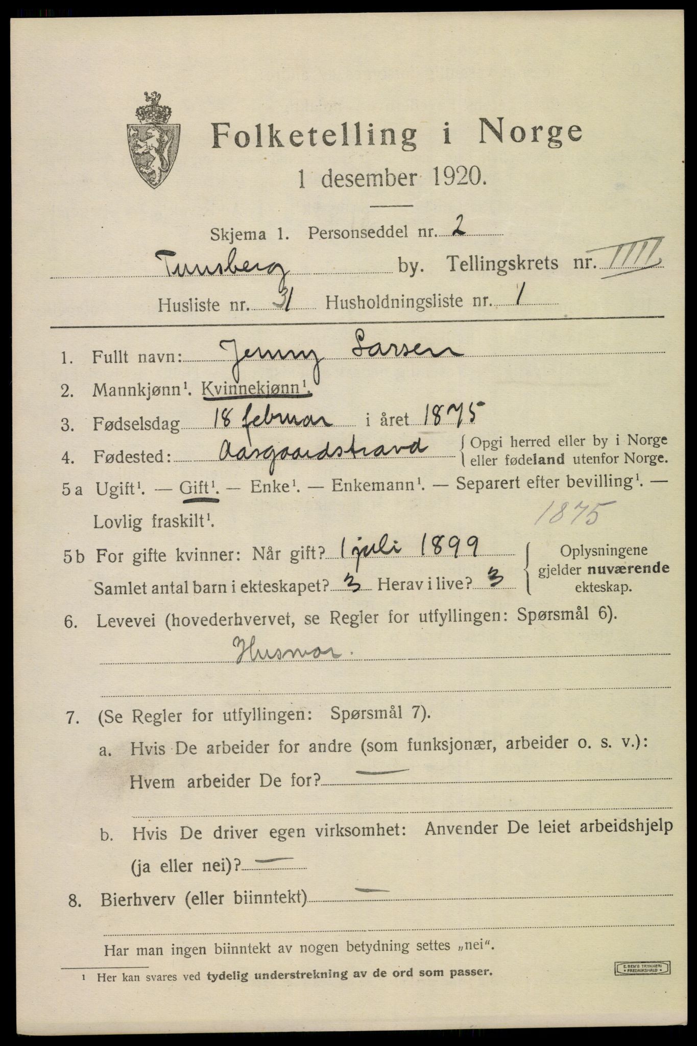 SAKO, 1920 census for Tønsberg, 1920, p. 12991