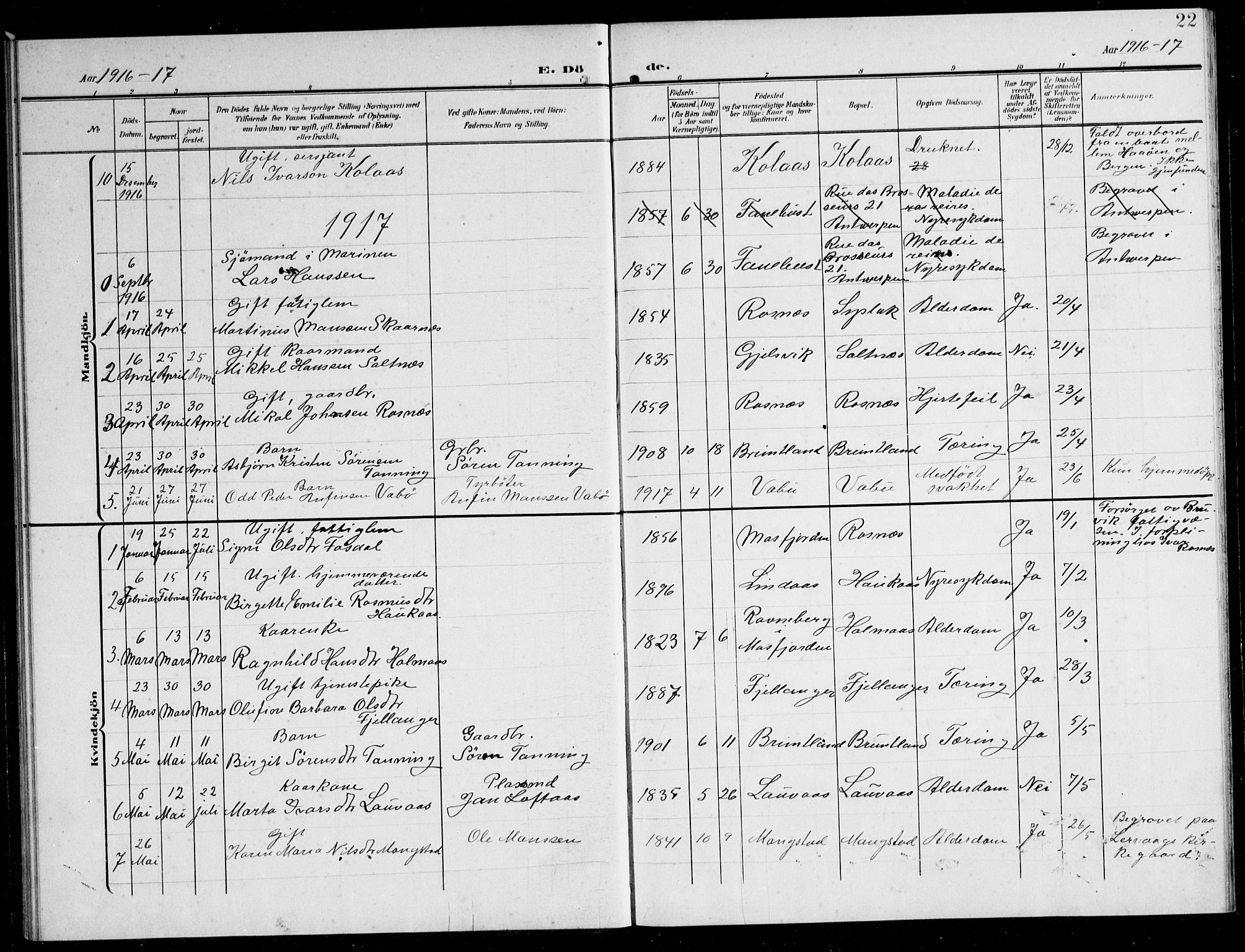 Lindås Sokneprestembete, AV/SAB-A-76701/H/Hab/Habb/L0006: Parish register (copy) no. B 6, 1906-1944, p. 22