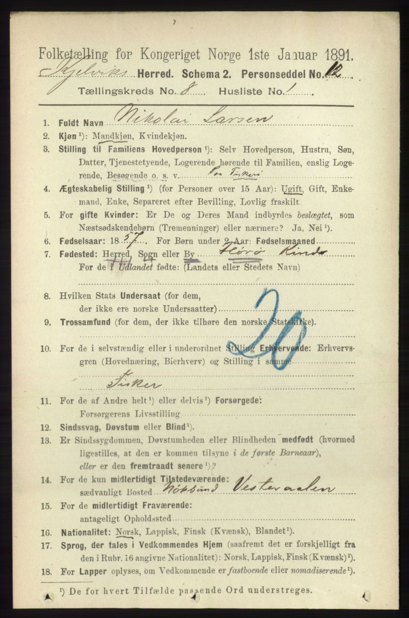 RA, 1891 census for 2019 Kjelvik, 1891, p. 1186