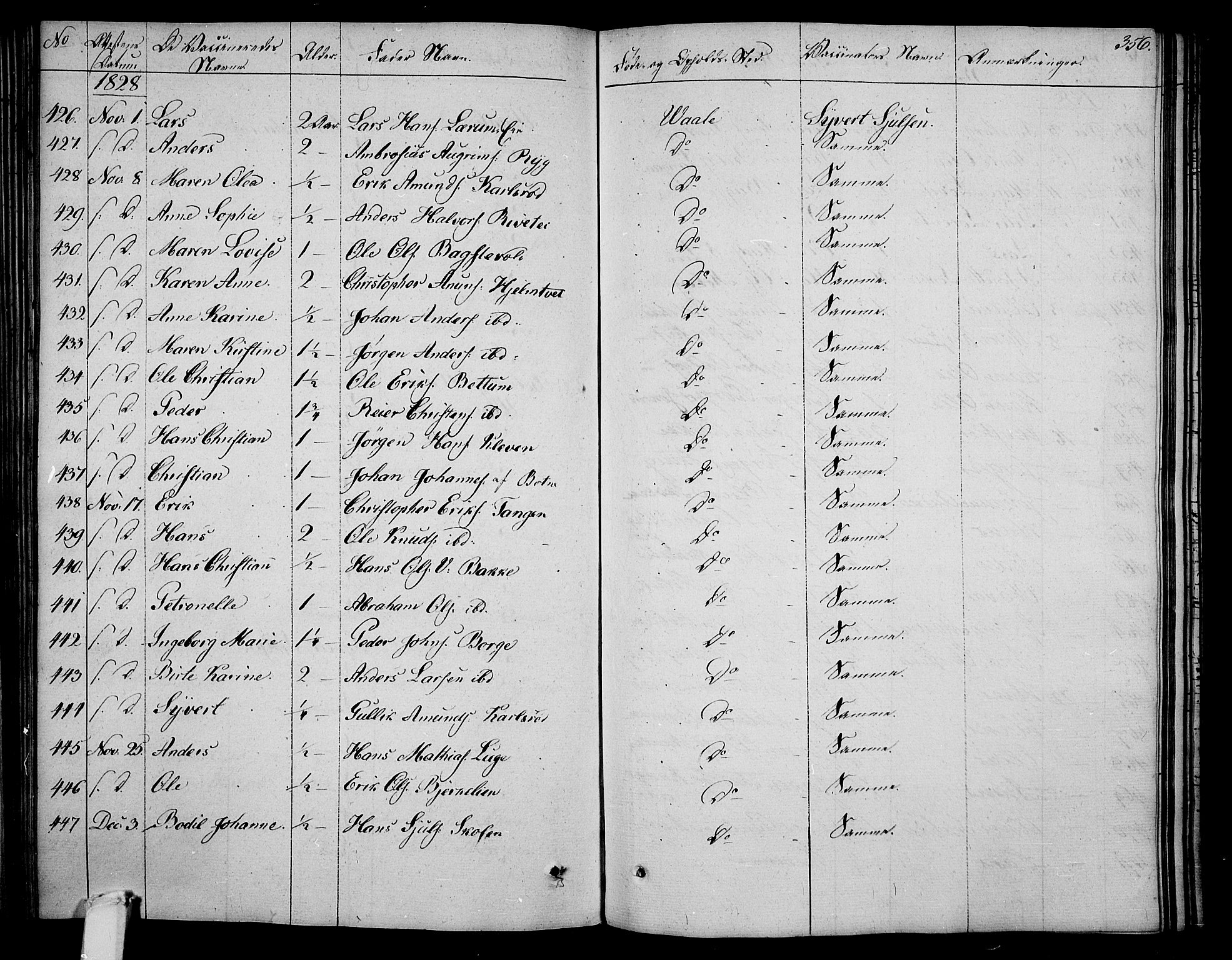 Våle kirkebøker, AV/SAKO-A-334/F/Fa/L0008: Parish register (official) no. I 8, 1824-1844, p. 356