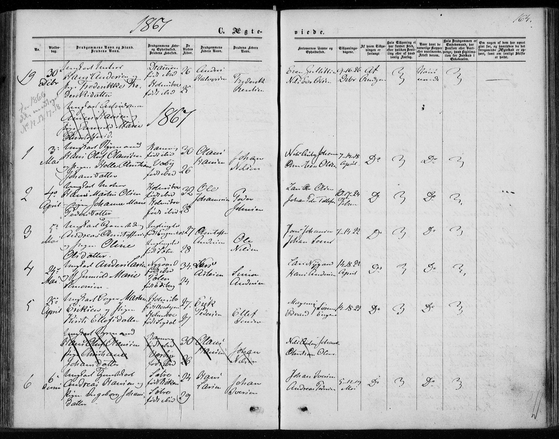 Hurum kirkebøker, SAKO/A-229/F/Fa/L0012: Parish register (official) no. 12, 1861-1875, p. 164