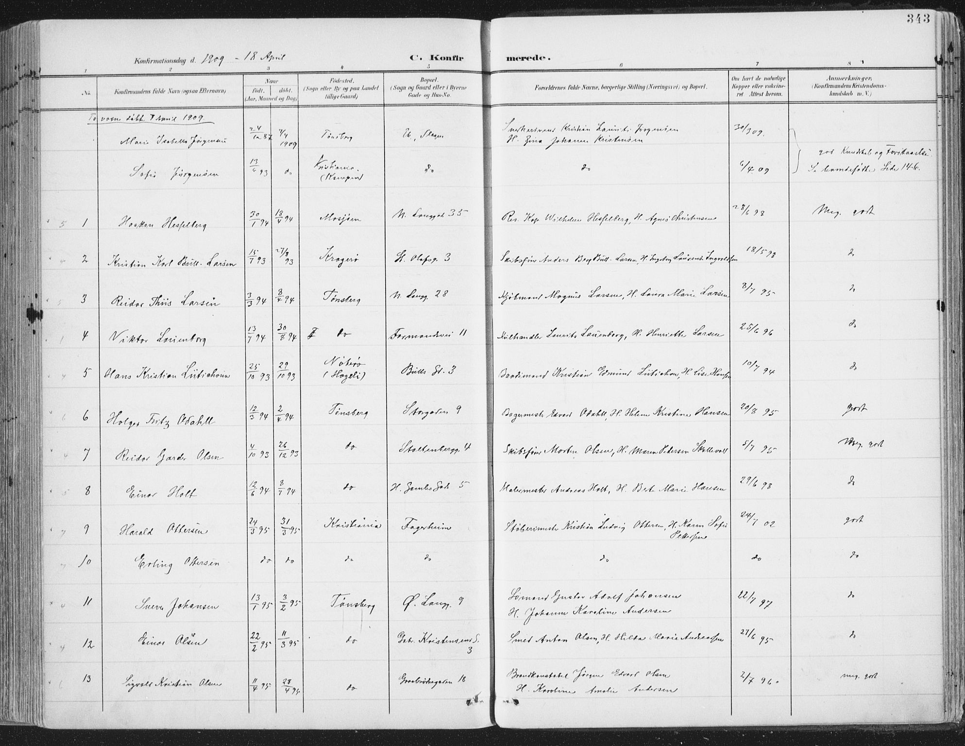 Tønsberg kirkebøker, SAKO/A-330/F/Fa/L0014: Parish register (official) no. I 14, 1900-1913, p. 343
