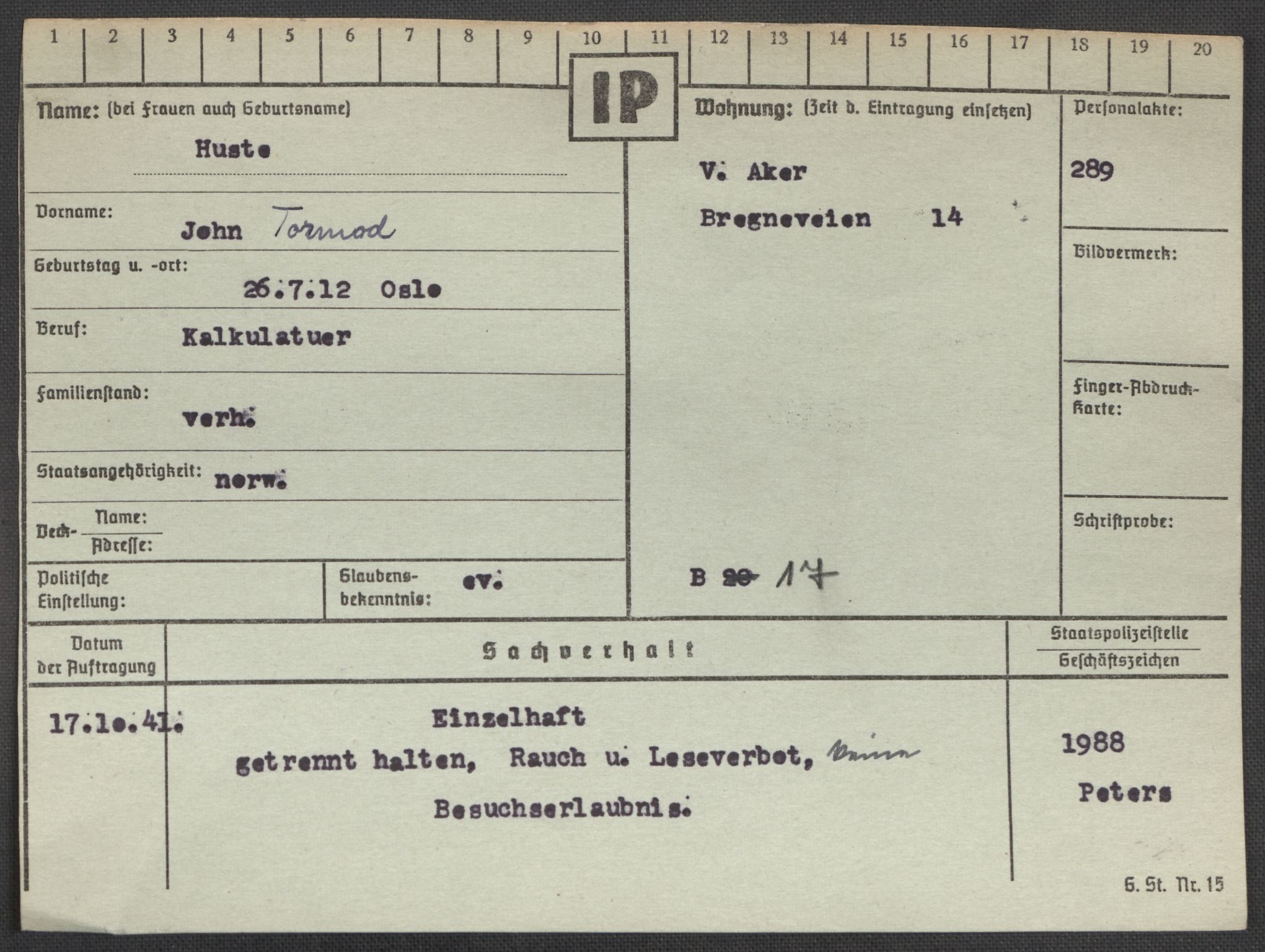 Befehlshaber der Sicherheitspolizei und des SD, AV/RA-RAFA-5969/E/Ea/Eaa/L0004: Register over norske fanger i Møllergata 19: Hal-Hæ, 1940-1945, p. 1447