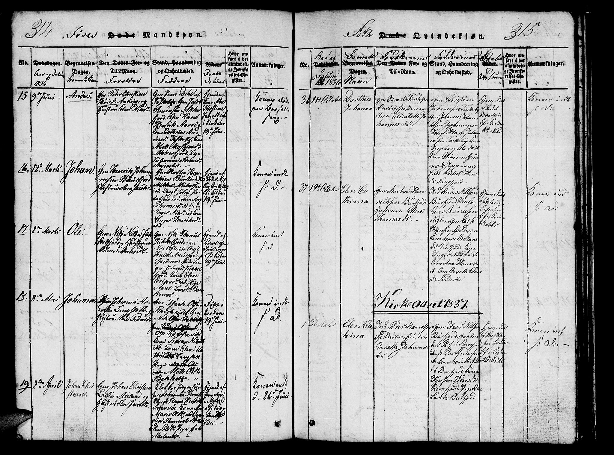 Skjervøy sokneprestkontor, AV/SATØ-S-1300/H/Ha/Hab/L0001klokker: Parish register (copy) no. 1, 1825-1838, p. 314-315