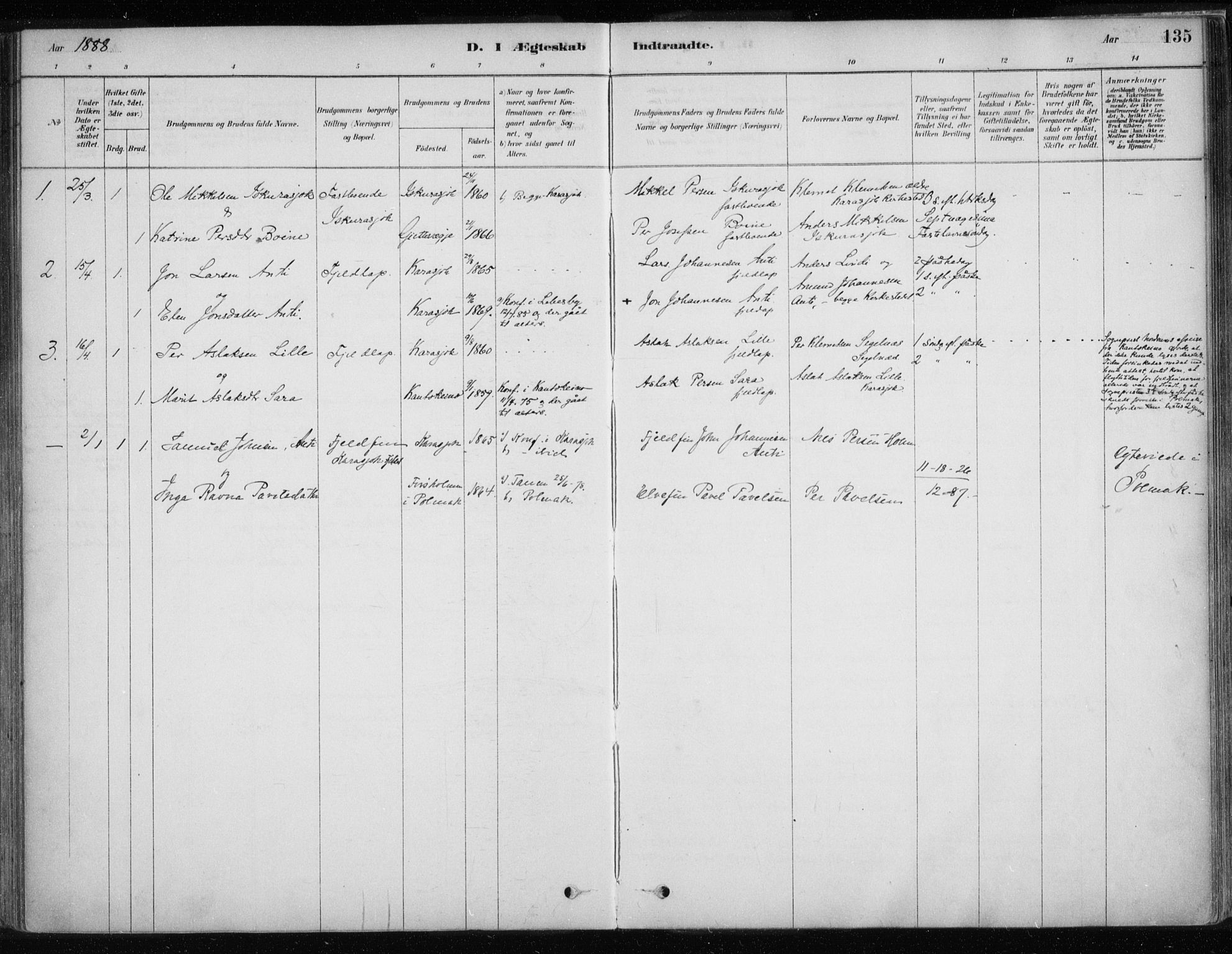 Karasjok sokneprestkontor, SATØ/S-1352/H/Ha/L0002kirke: Parish register (official) no. 2, 1885-1906, p. 135