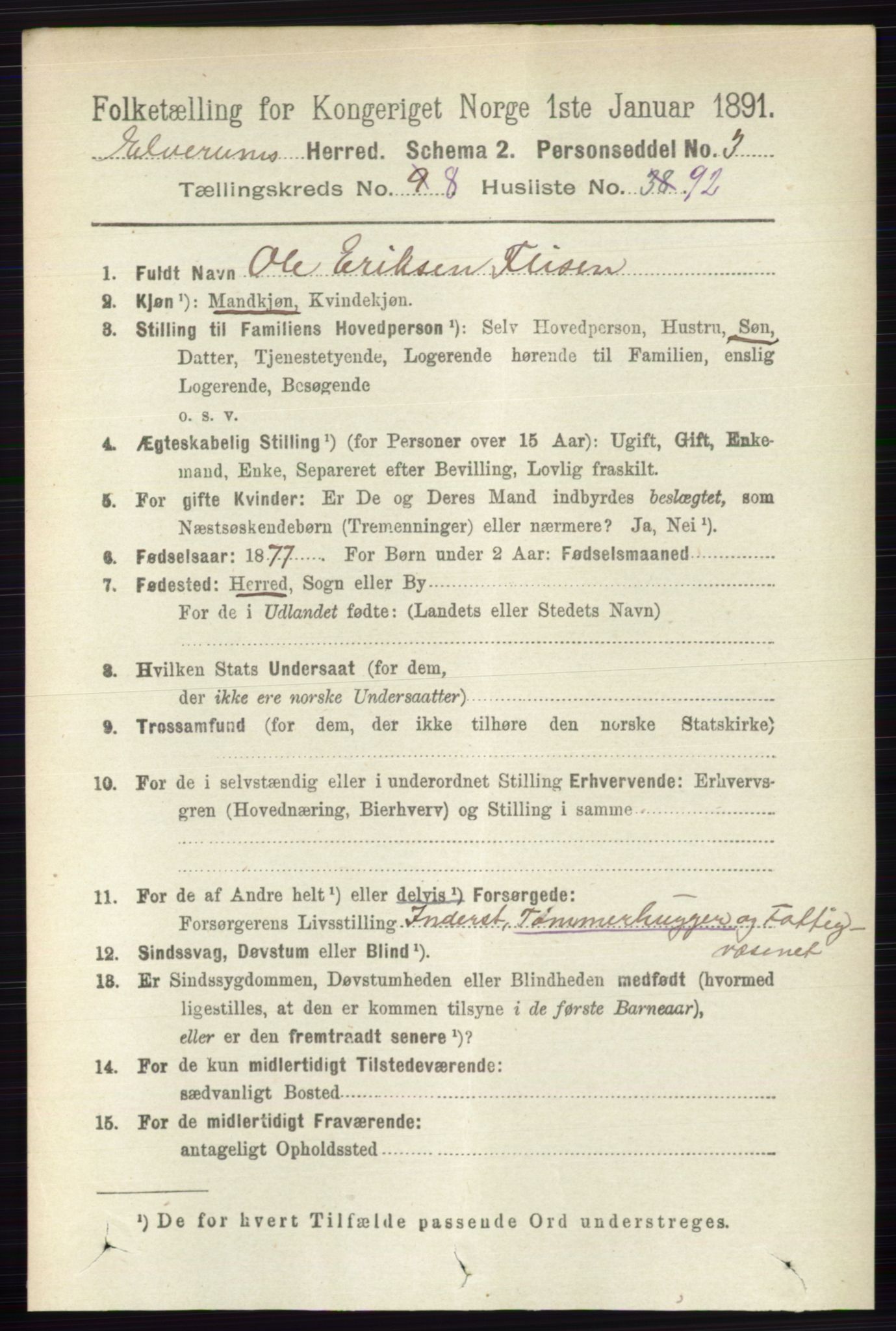 RA, 1891 census for 0427 Elverum, 1891, p. 7593