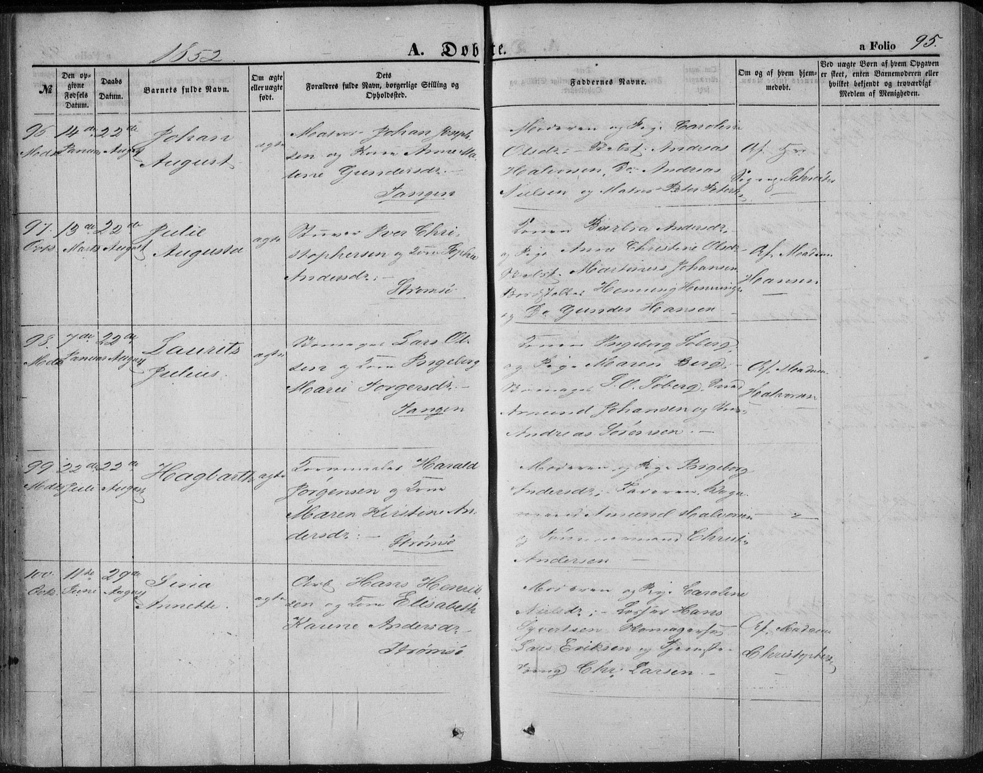 Strømsø kirkebøker, SAKO/A-246/F/Fa/L0014: Parish register (official) no. I 14, 1848-1858, p. 95