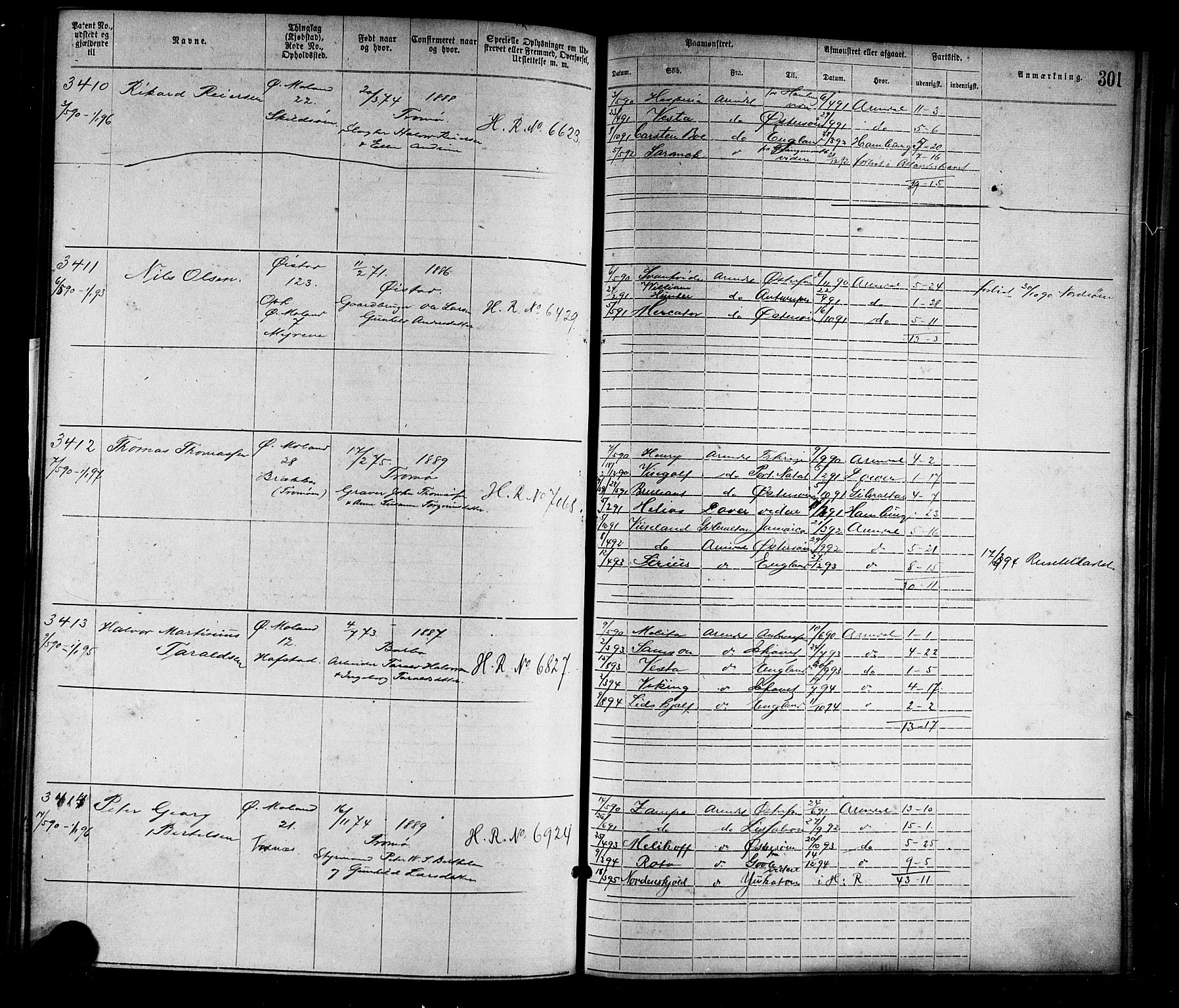 Arendal mønstringskrets, SAK/2031-0012/F/Fa/L0003: Annotasjonsrulle nr 1911-3827 med register, S-3, 1880-1892, p. 335